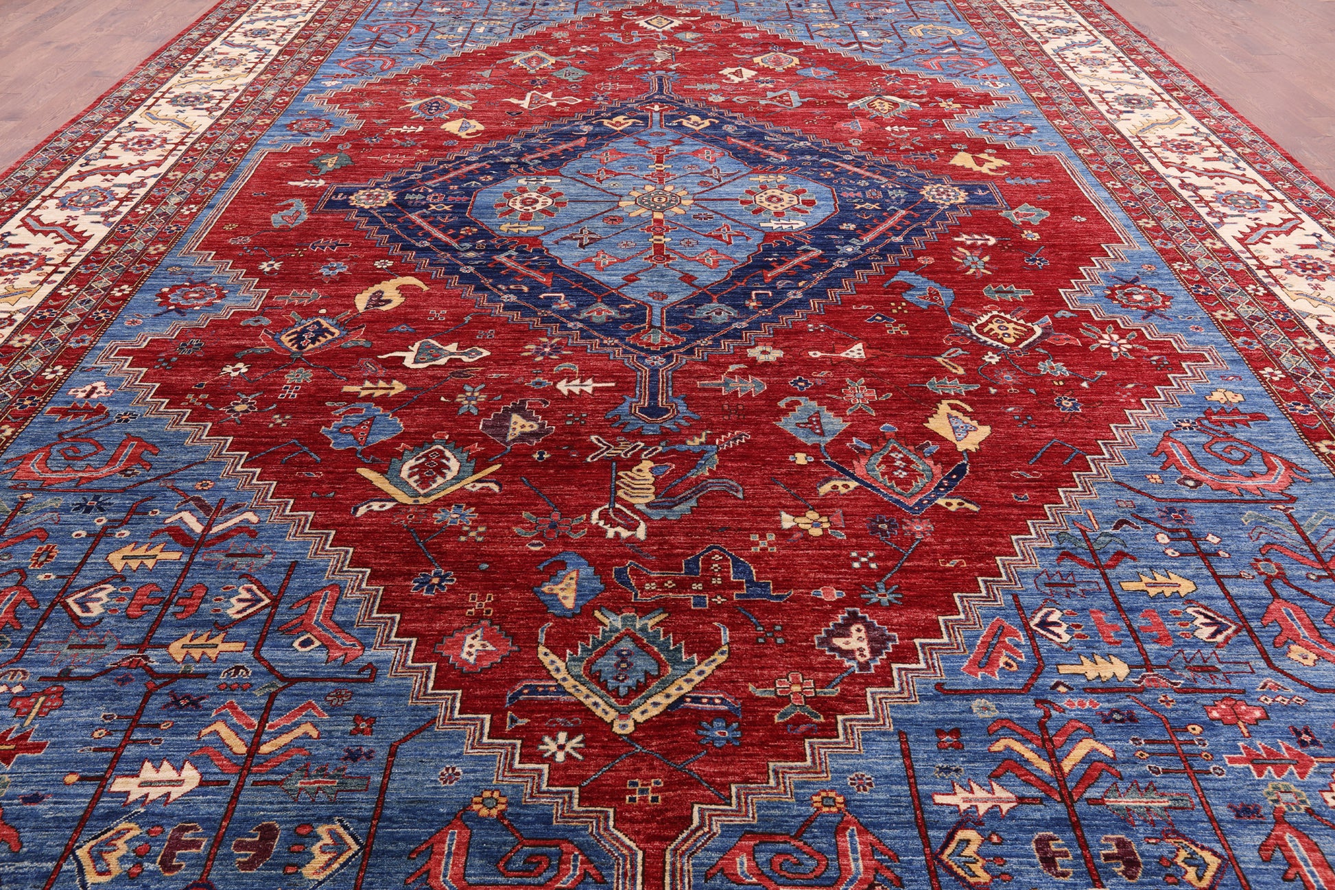 Red Persian Fine Serapi Hand Knotted Wool Rug - 13' 5" X 19' 1" - Golden Nile