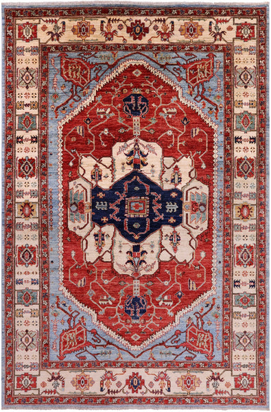 Red Persian Fine Serapi Hand Knotted Wool Rug - 5' 10" X 8' 11" - Golden Nile