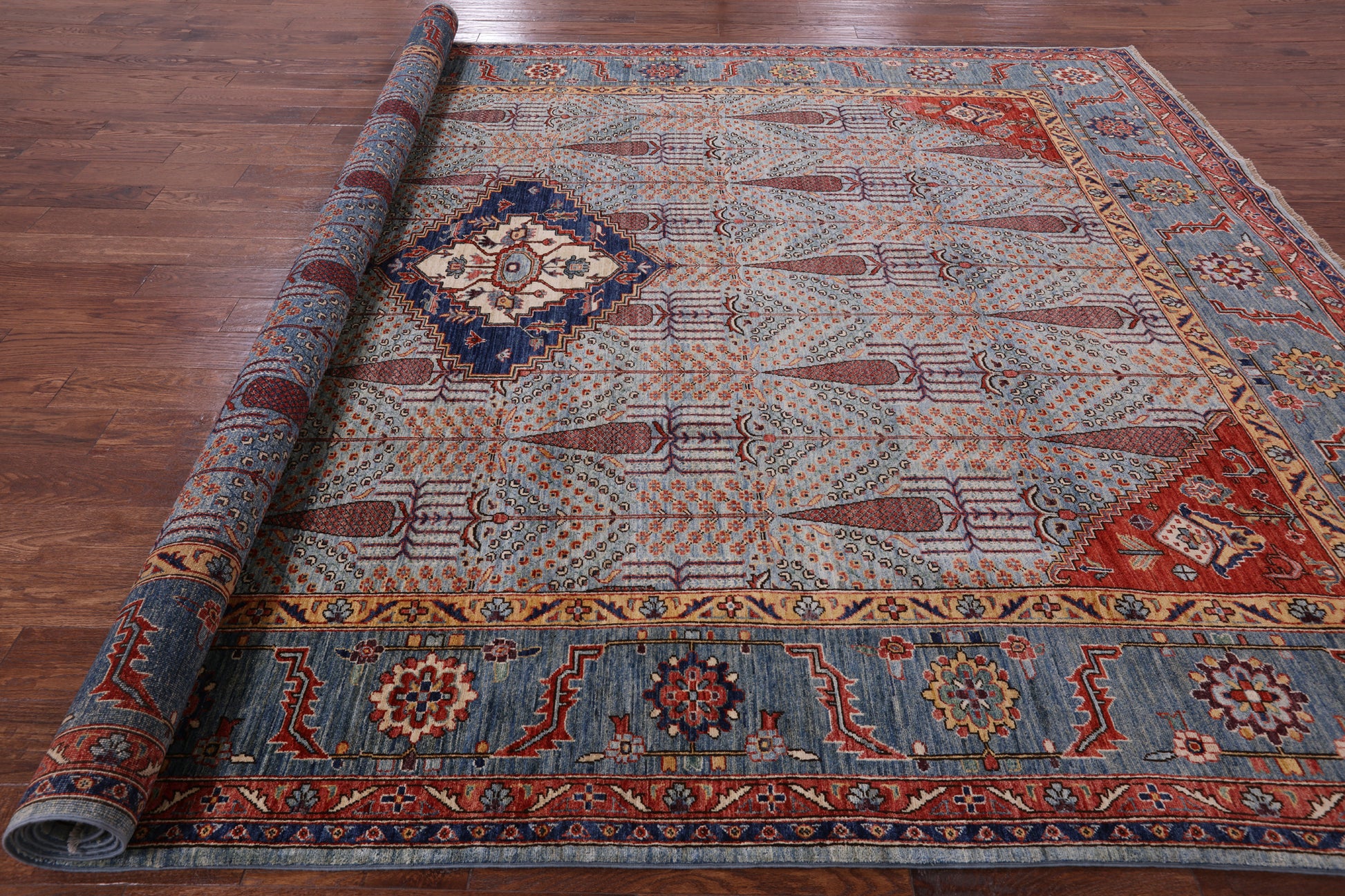 Blue Persian Fine Serapi Hand Knotted Wool Rug - 9' 2" X 12' 2" - Golden Nile