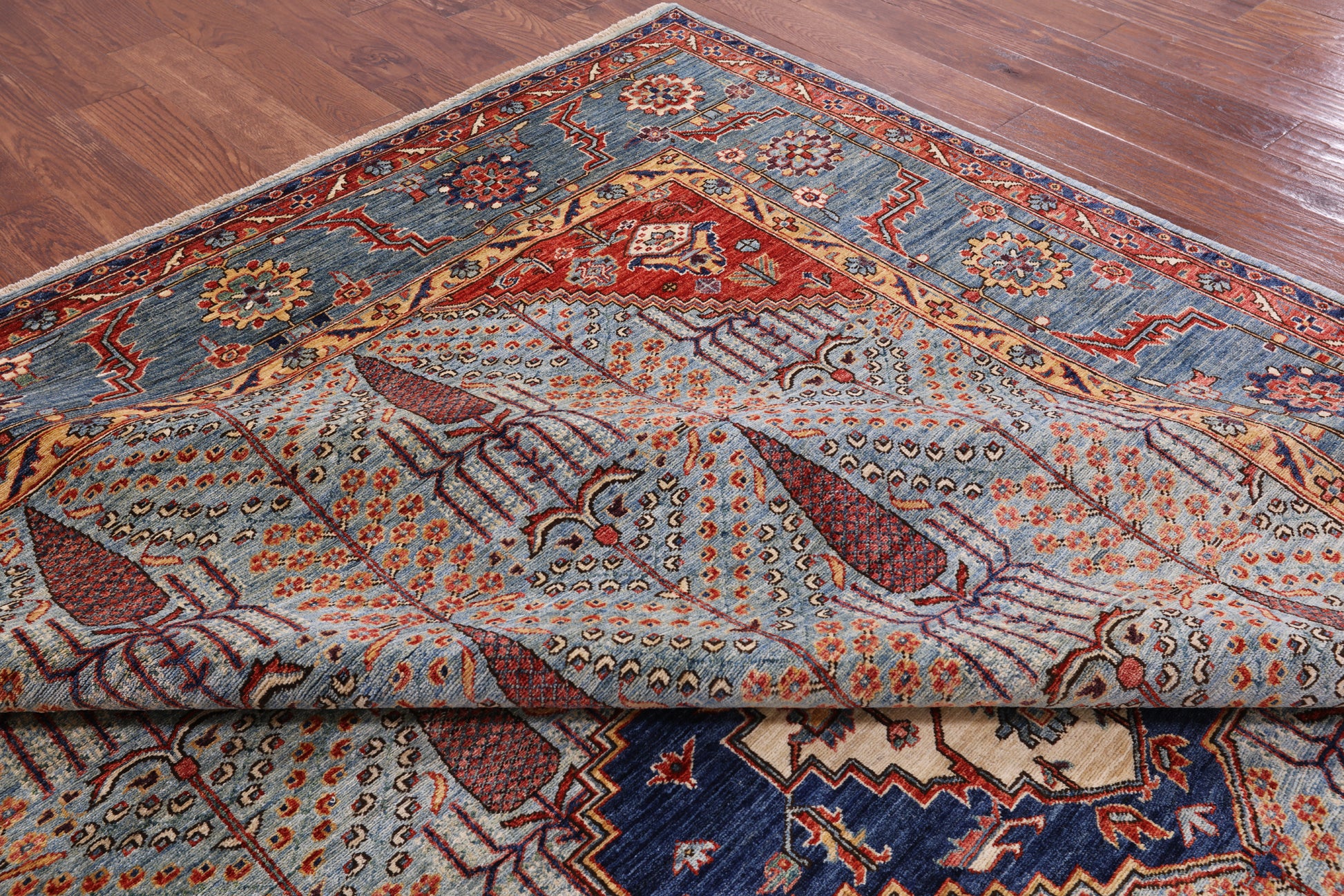 Blue Persian Fine Serapi Hand Knotted Wool Rug - 9' 2" X 12' 2" - Golden Nile