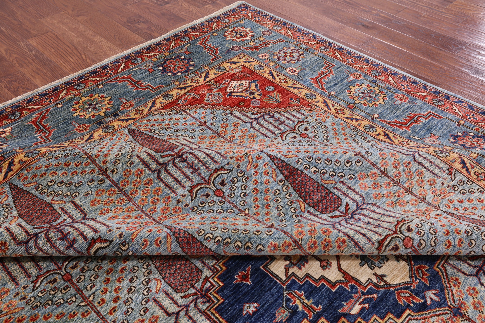 Blue Persian Fine Serapi Hand Knotted Wool Rug - 9' 2" X 12' 2" - Golden Nile