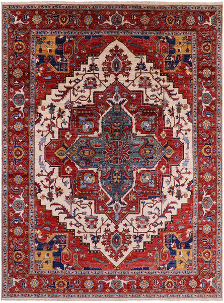 Ivory Persian Fine Serapi Hand Knotted Wool Rug - 8' 10" X 11' 10" - Golden Nile