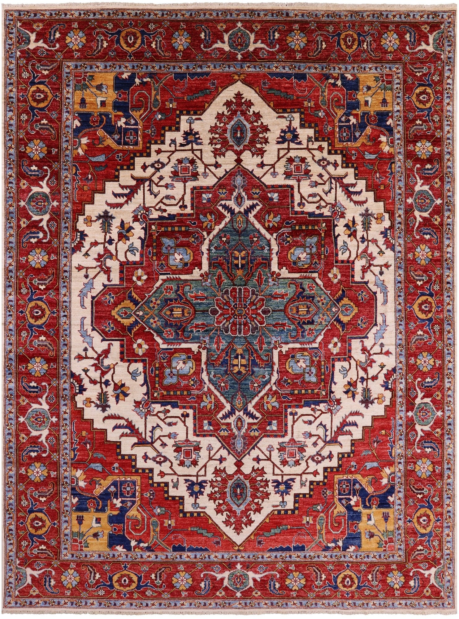Ivory Persian Fine Serapi Hand Knotted Wool Rug - 8' 10" X 11' 10" - Golden Nile