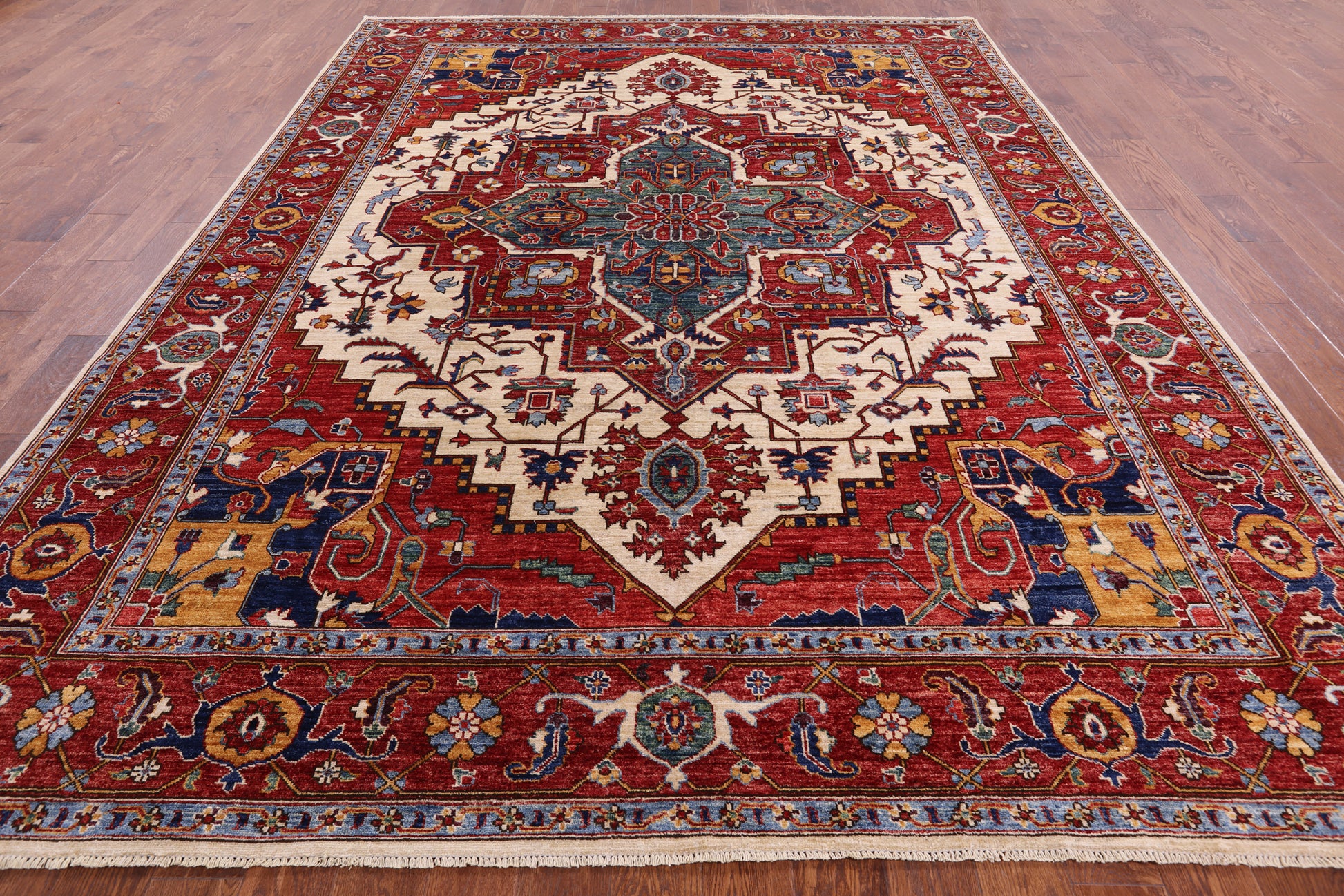 Ivory Persian Fine Serapi Hand Knotted Wool Rug - 8' 10" X 11' 10" - Golden Nile
