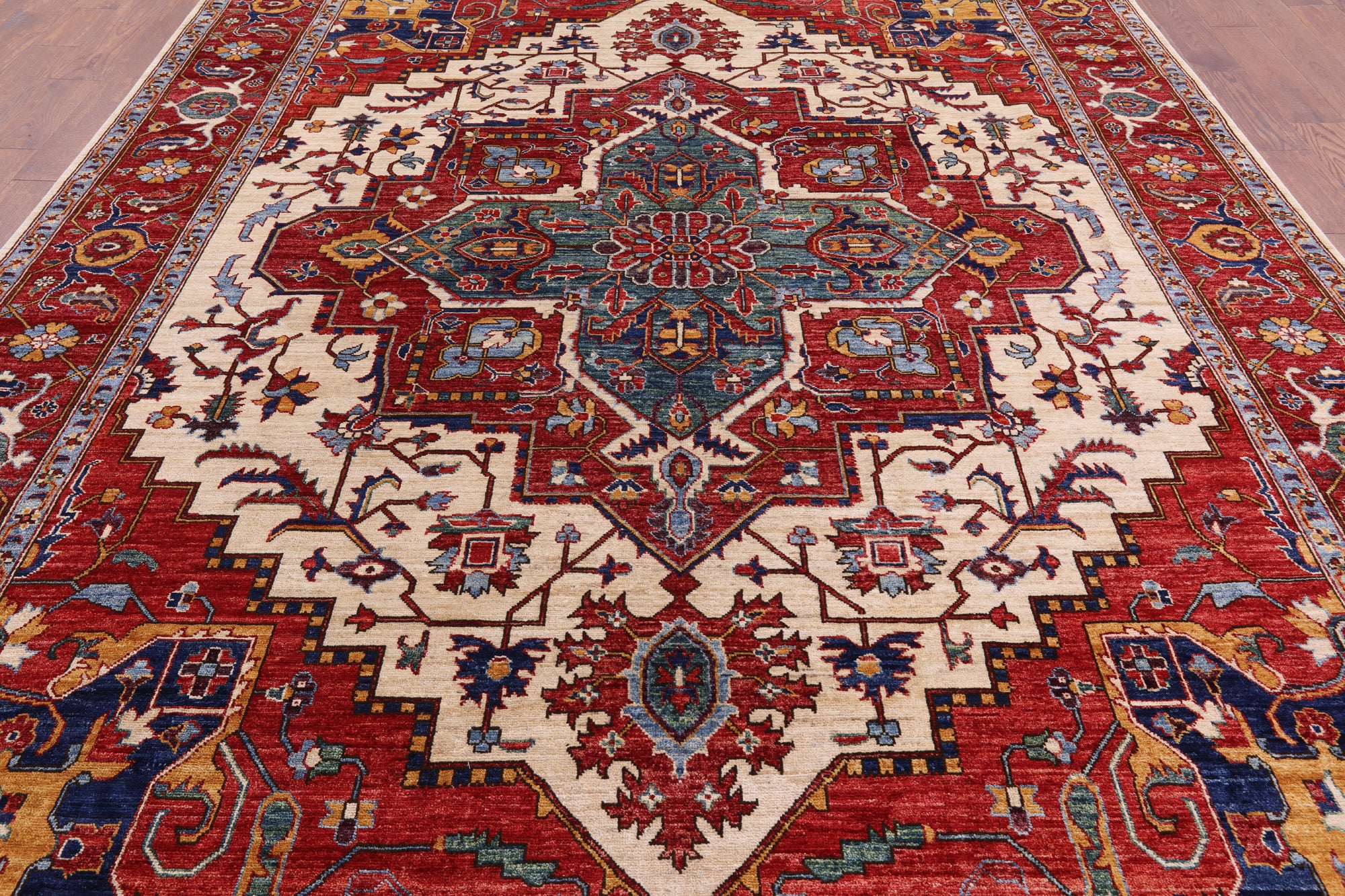 Ivory Persian Fine Serapi Hand Knotted Wool Rug - 8' 10" X 11' 10" - Golden Nile
