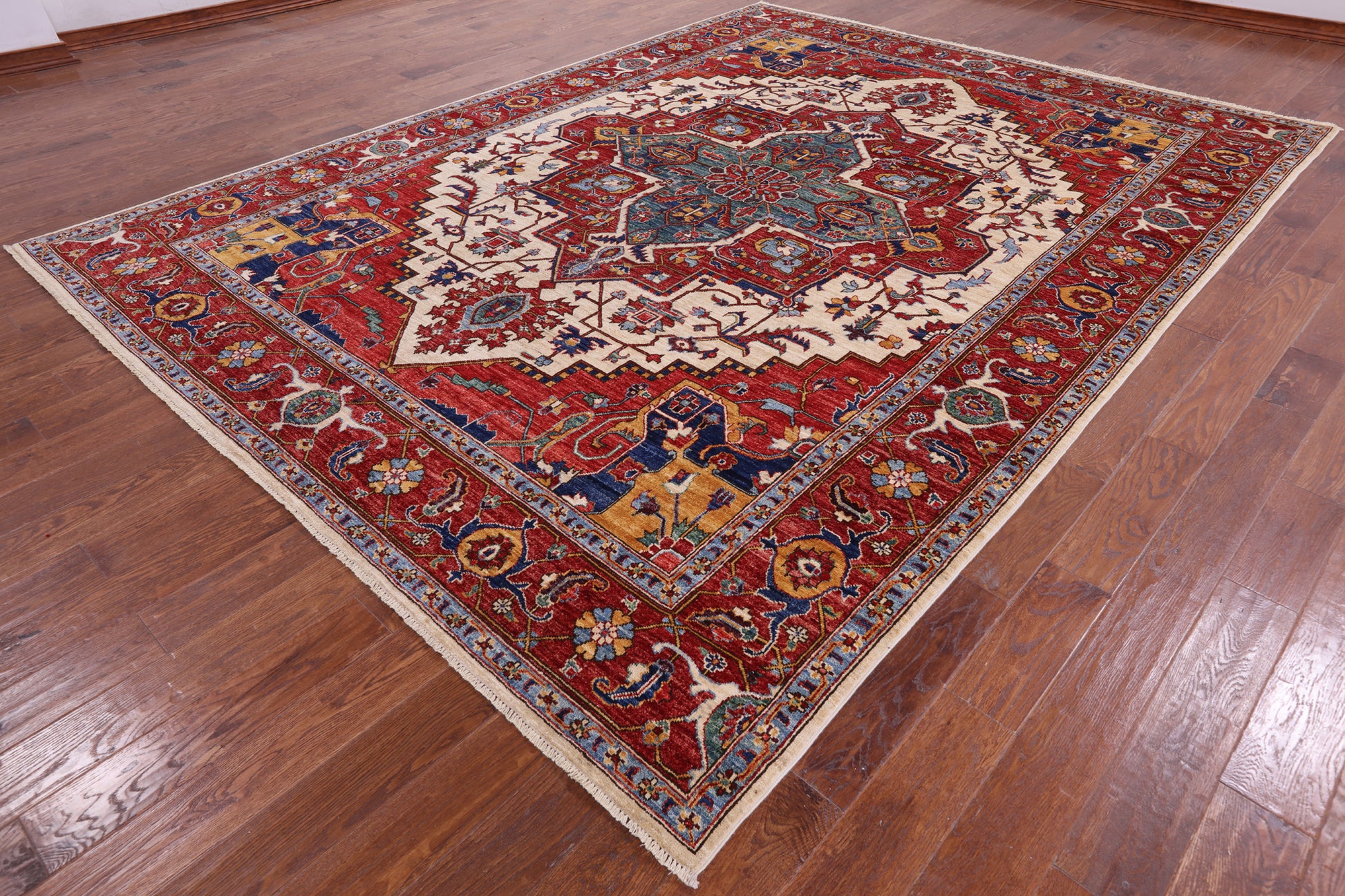 Ivory Persian Fine Serapi Hand Knotted Wool Rug - 8' 10" X 11' 10" - Golden Nile