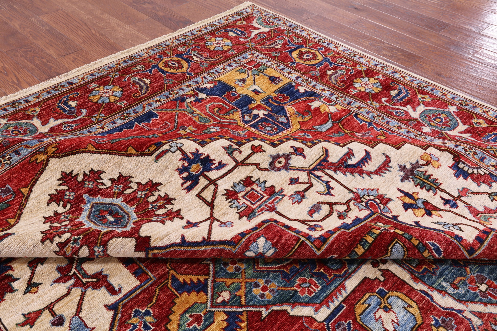 Ivory Persian Fine Serapi Hand Knotted Wool Rug - 8' 10" X 11' 10" - Golden Nile