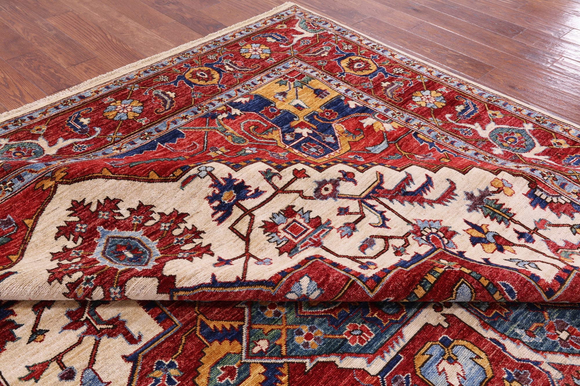 Ivory Persian Fine Serapi Hand Knotted Wool Rug - 8' 10" X 11' 10" - Golden Nile