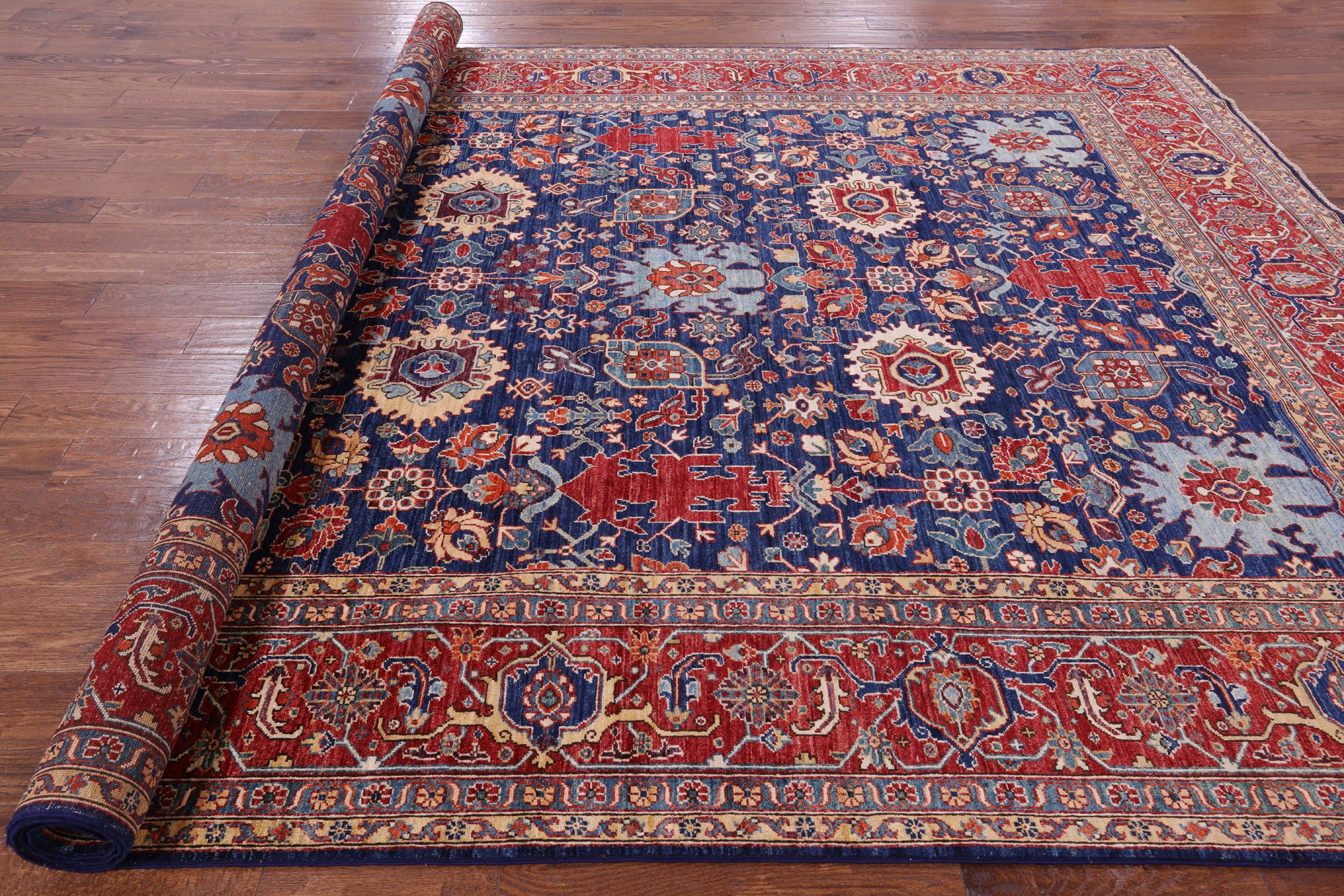 Blue Persian Fine Serapi Hand Knotted Wool Rug - 8' 9" X 11' 9" - Golden Nile