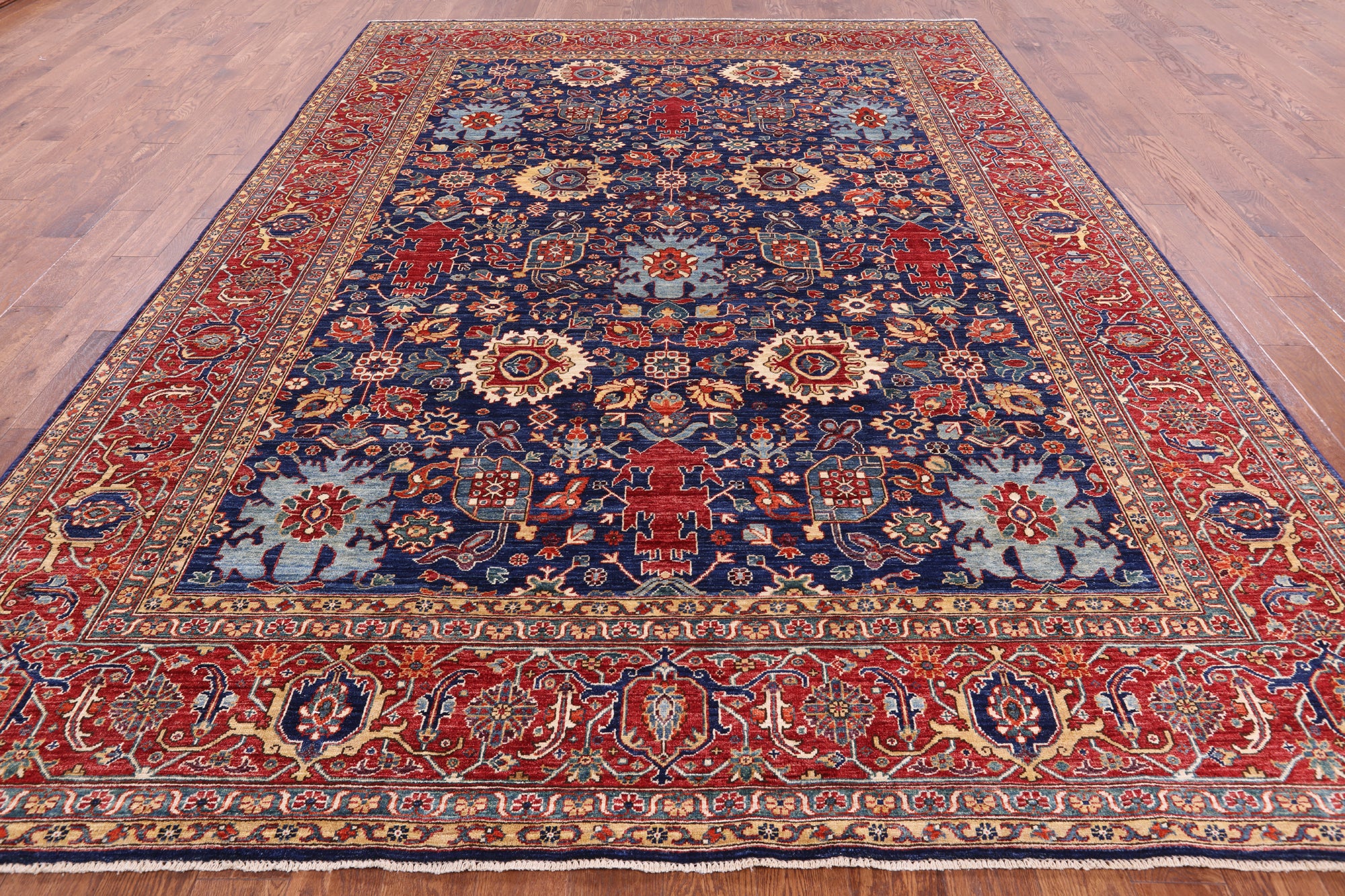 Blue Persian Fine Serapi Hand Knotted Wool Rug - 8' 9" X 11' 9" - Golden Nile