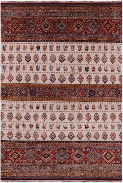 Ivory Tribal Persian Gabbeh Handmade Wool Rug - 6' 7" X 9' 7" - Golden Nile