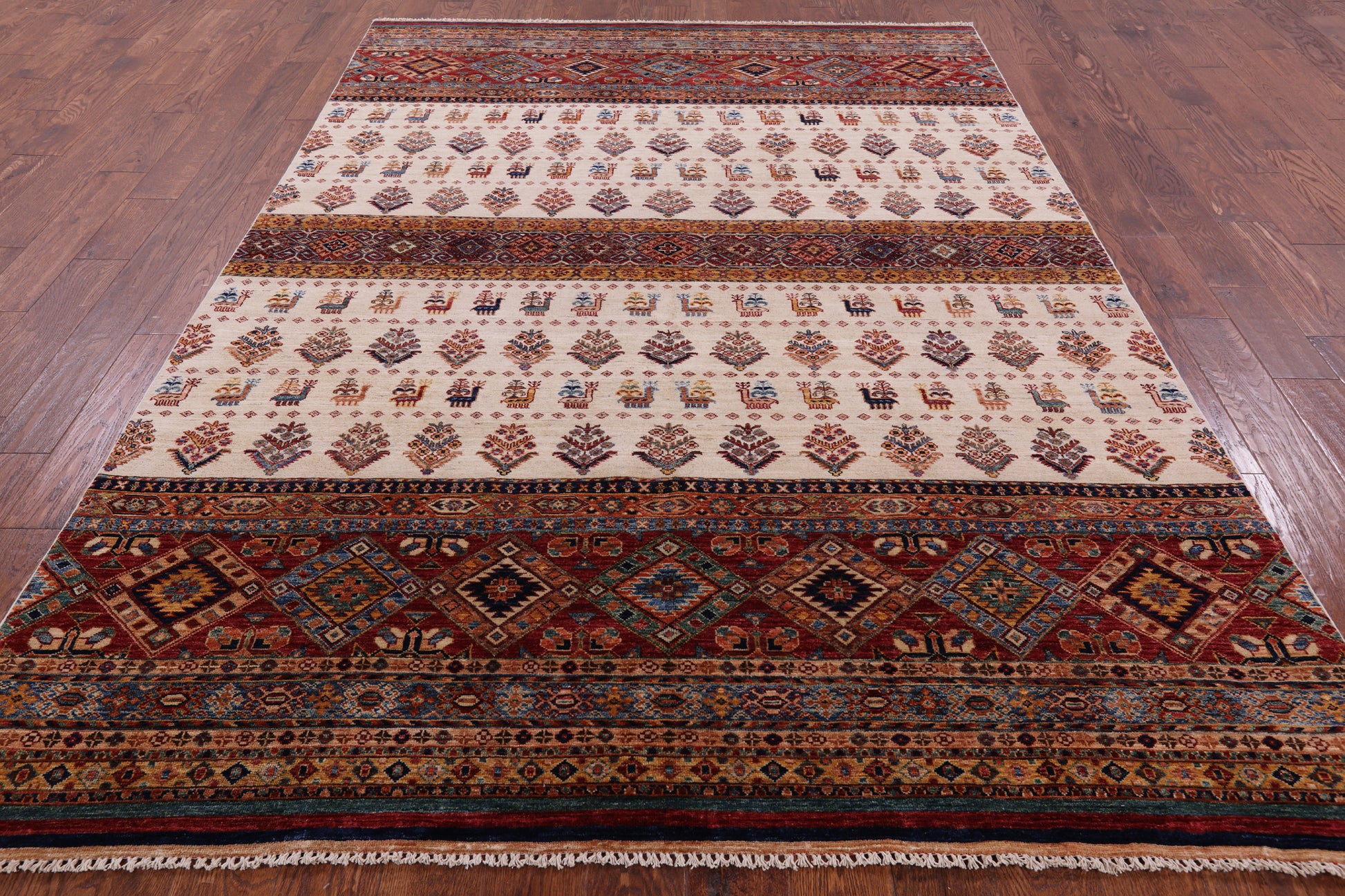 Ivory Tribal Persian Gabbeh Handmade Wool Rug - 6' 7" X 9' 7" - Golden Nile