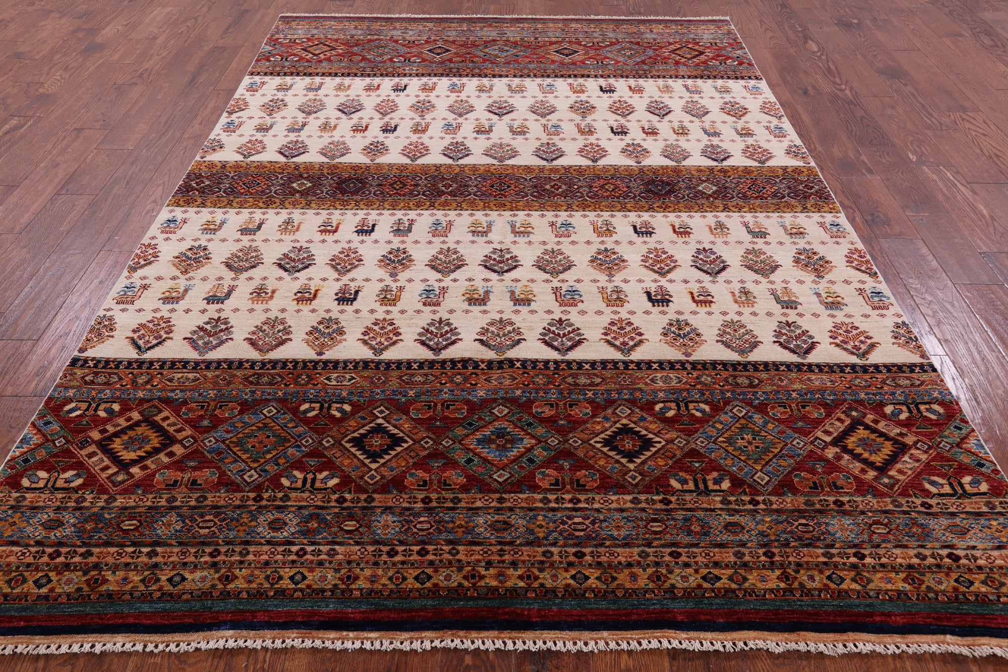 Ivory Tribal Persian Gabbeh Handmade Wool Rug - 6' 7" X 9' 7" - Golden Nile