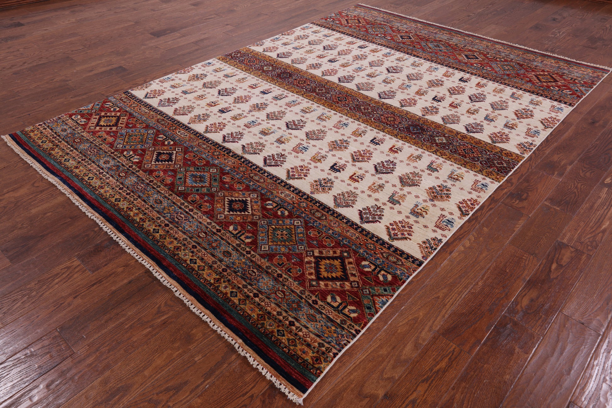 Ivory Tribal Persian Gabbeh Handmade Wool Rug - 6' 7" X 9' 7" - Golden Nile