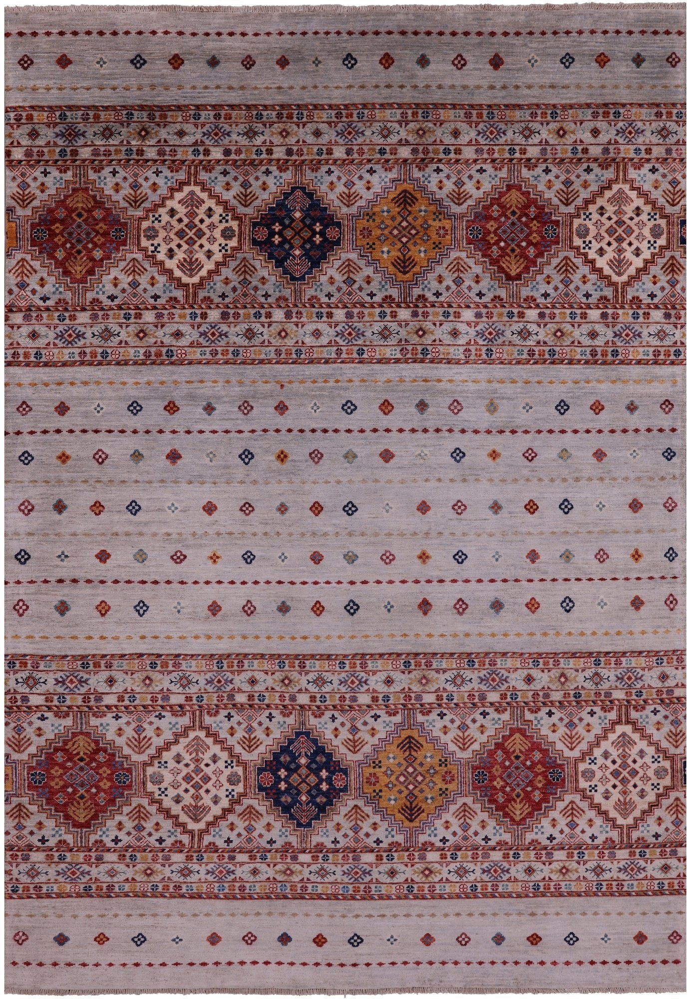 Grey Tribal Khorjin Persian Gabbeh Handmade Wool Rug - 6' 7" X 9' 6" - Golden Nile