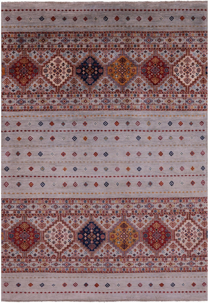 Grey Tribal Khorjin Persian Gabbeh Handmade Wool Rug - 6' 7" X 9' 6" - Golden Nile