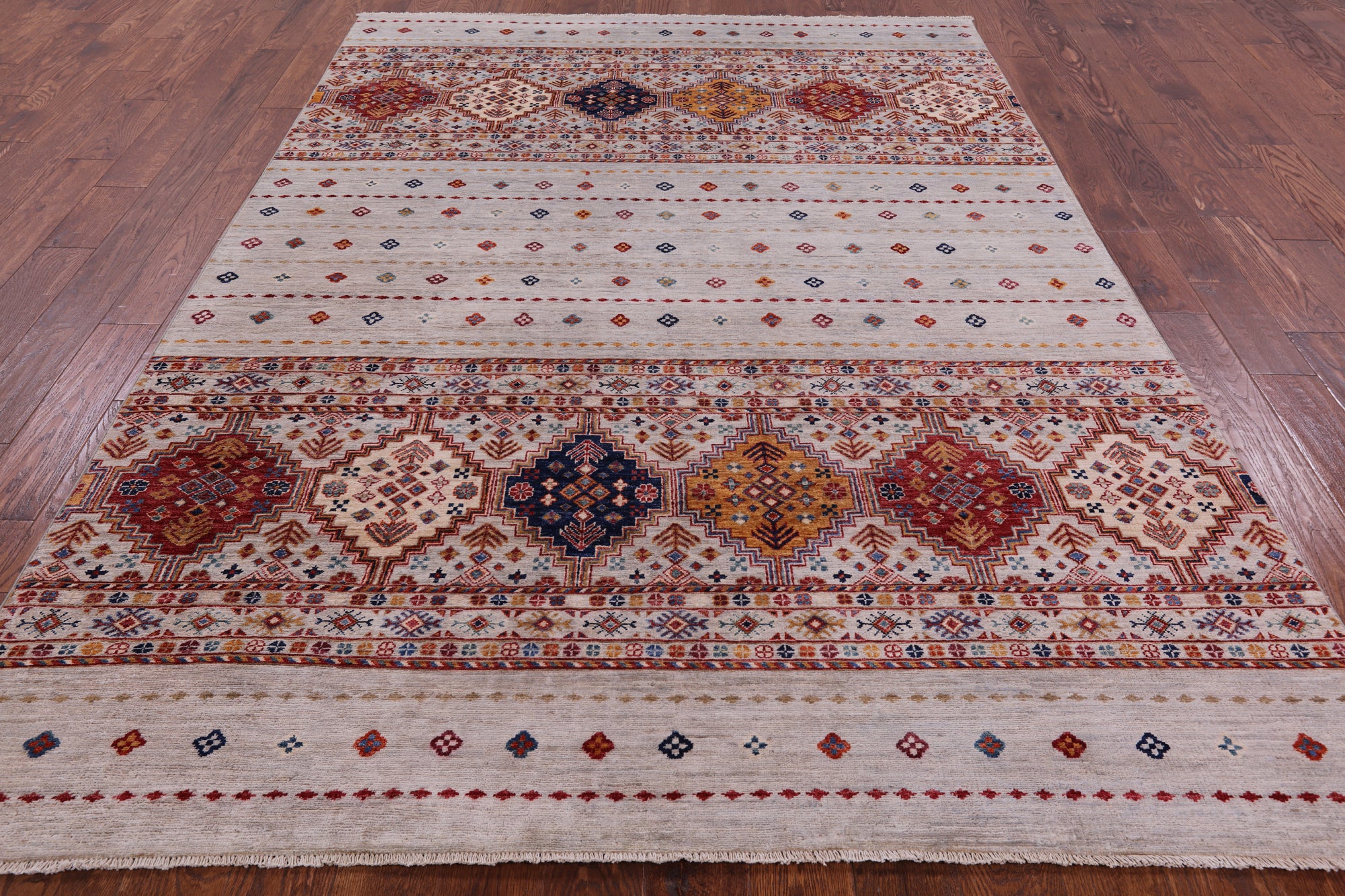Grey Tribal Khorjin Persian Gabbeh Handmade Wool Rug - 6' 7" X 9' 6" - Golden Nile