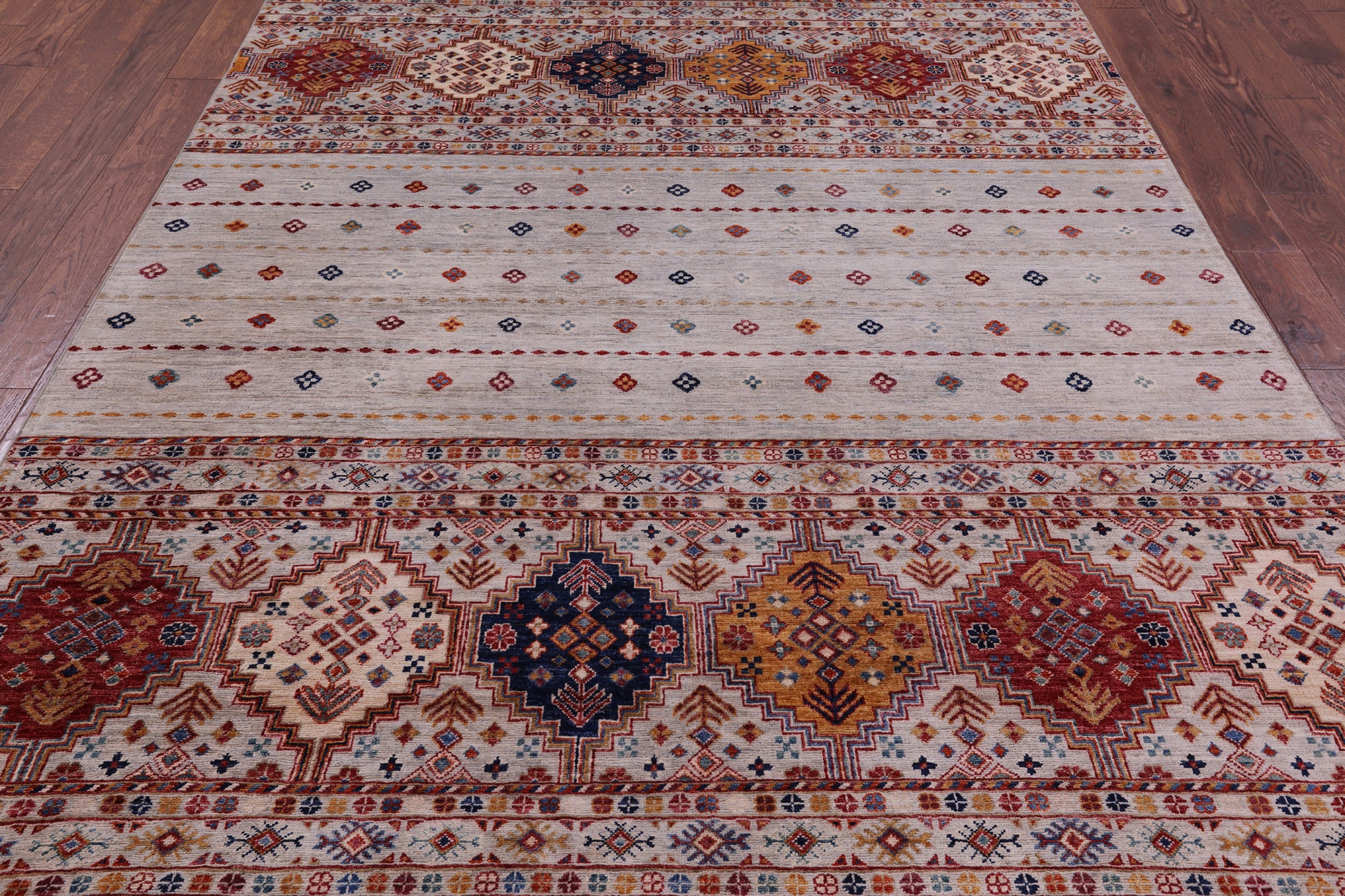 Grey Tribal Khorjin Persian Gabbeh Handmade Wool Rug - 6' 7" X 9' 6" - Golden Nile