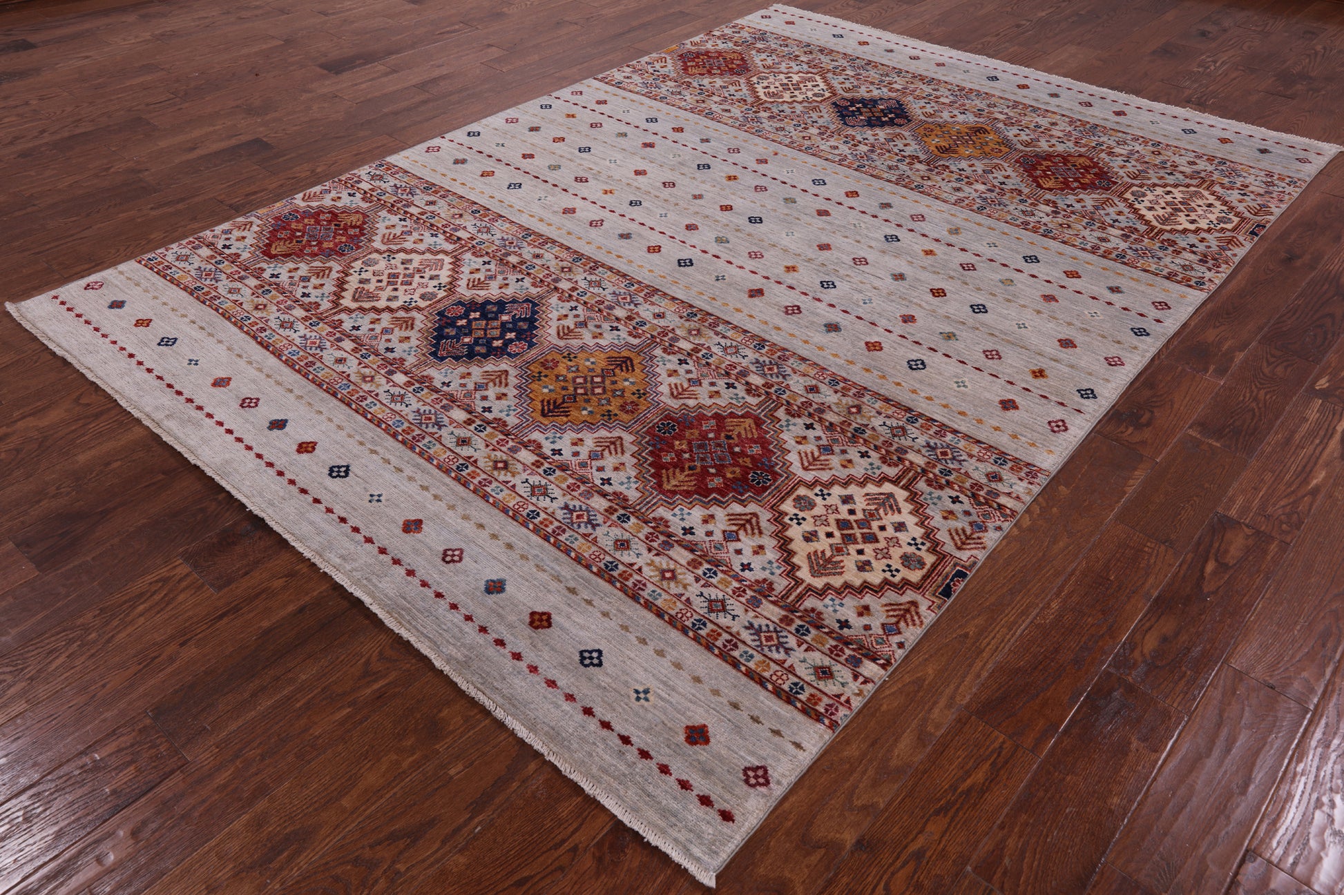 Grey Tribal Khorjin Persian Gabbeh Handmade Wool Rug - 6' 7" X 9' 6" - Golden Nile