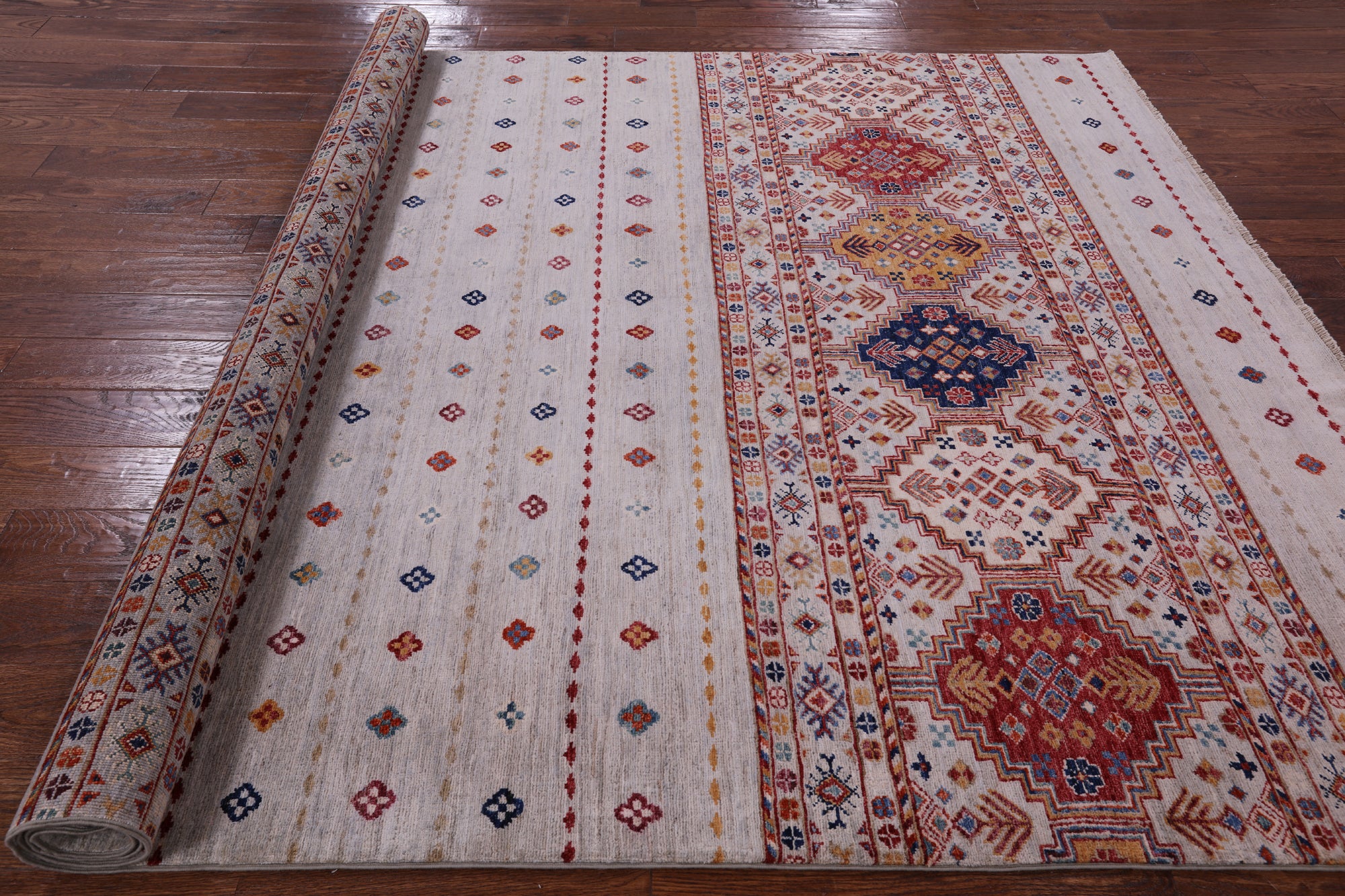 Grey Tribal Khorjin Persian Gabbeh Handmade Wool Rug - 6' 7" X 9' 6" - Golden Nile