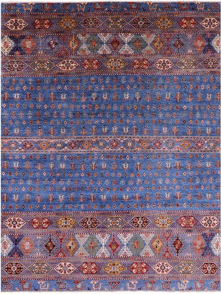 Blue Tribal Persian Gabbeh Hand Knotted Wool Rug - 8' 2" X 10' 9" - Golden Nile