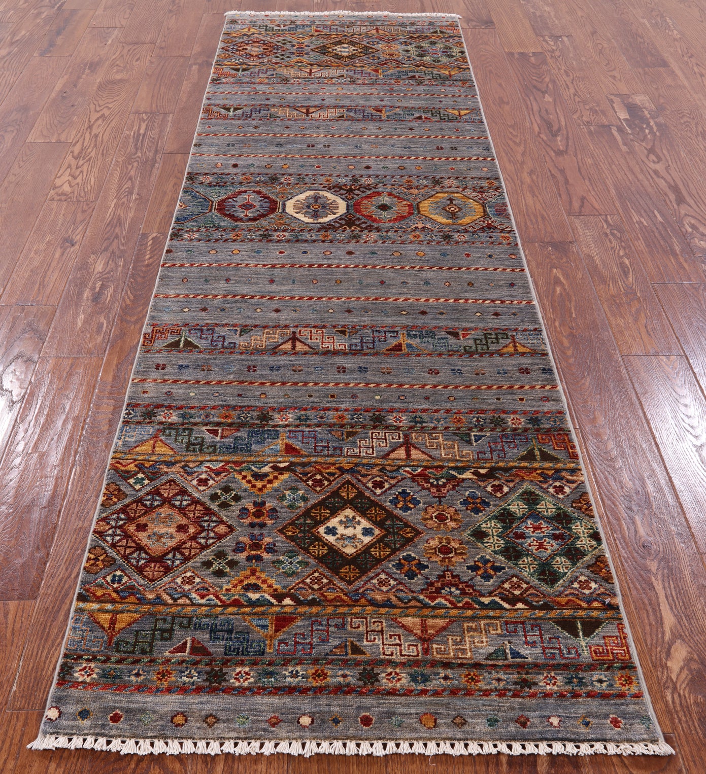 Grey Tribal Khorjin Persian Gabbeh Hand Knotted Wool Runner Rug - 2' 8" X 8' 9" - Golden Nile