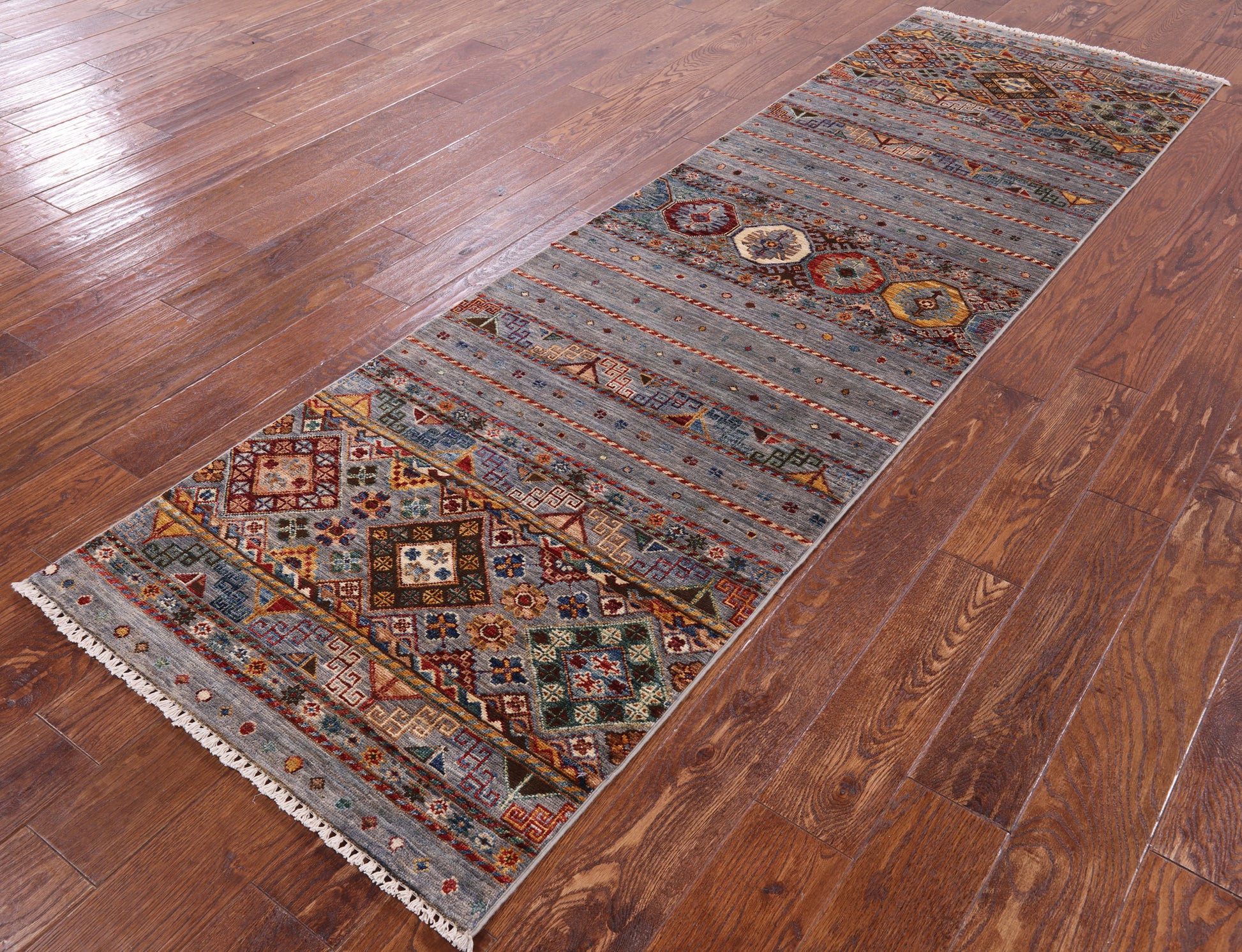 Grey Tribal Khorjin Persian Gabbeh Hand Knotted Wool Runner Rug - 2' 8" X 8' 9" - Golden Nile