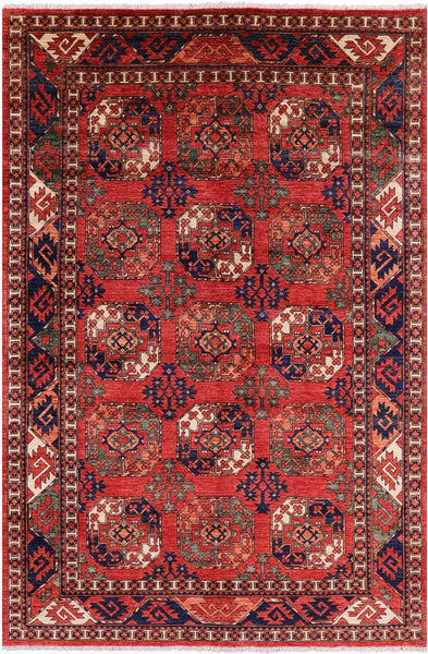Red Turkmen Ersari Hand Knotted Wool Rug - 6' 4" X 9' 6" - Golden Nile