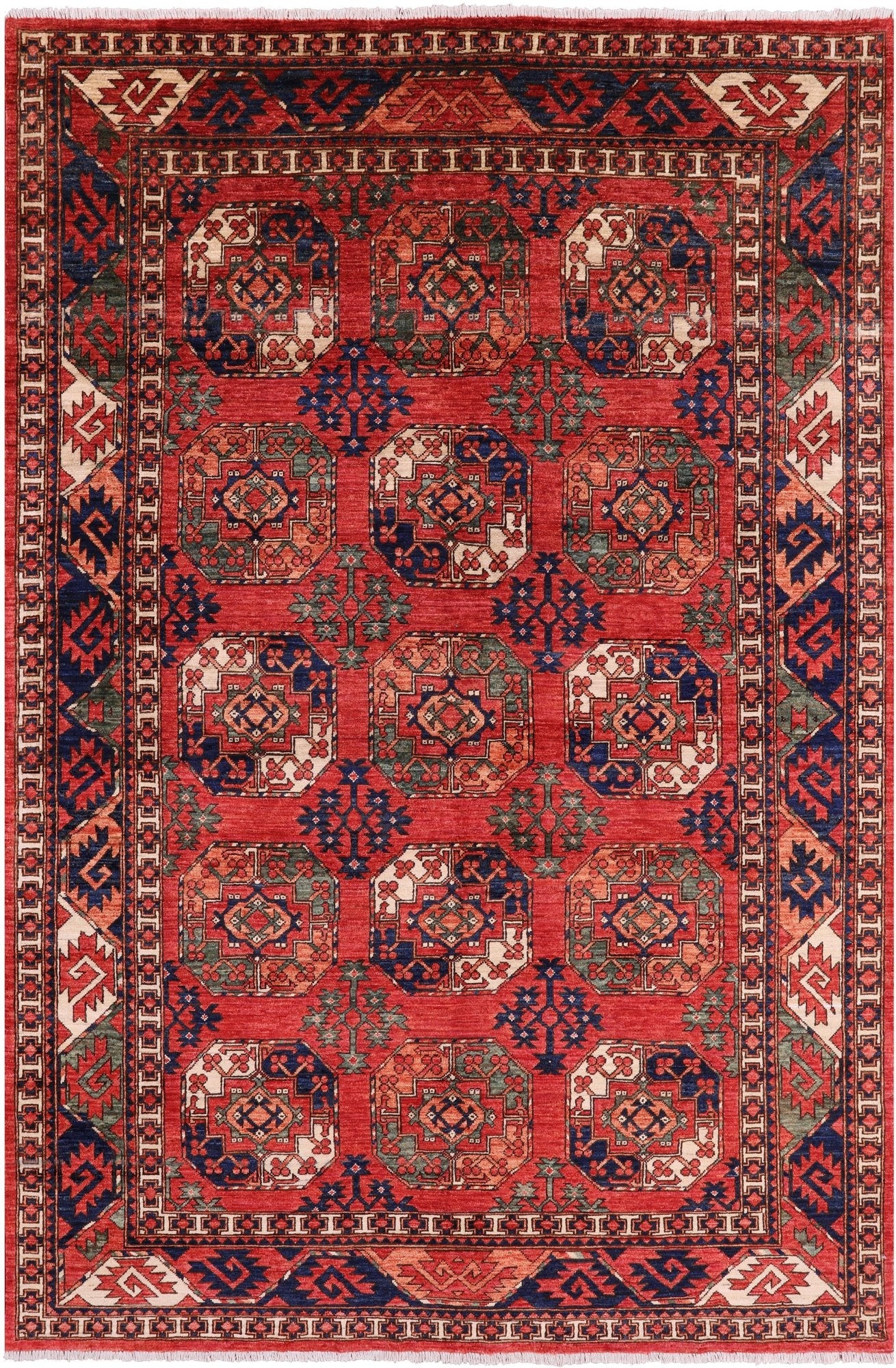 Red Turkmen Ersari Hand Knotted Wool Rug - 6' 4" X 9' 6" - Golden Nile