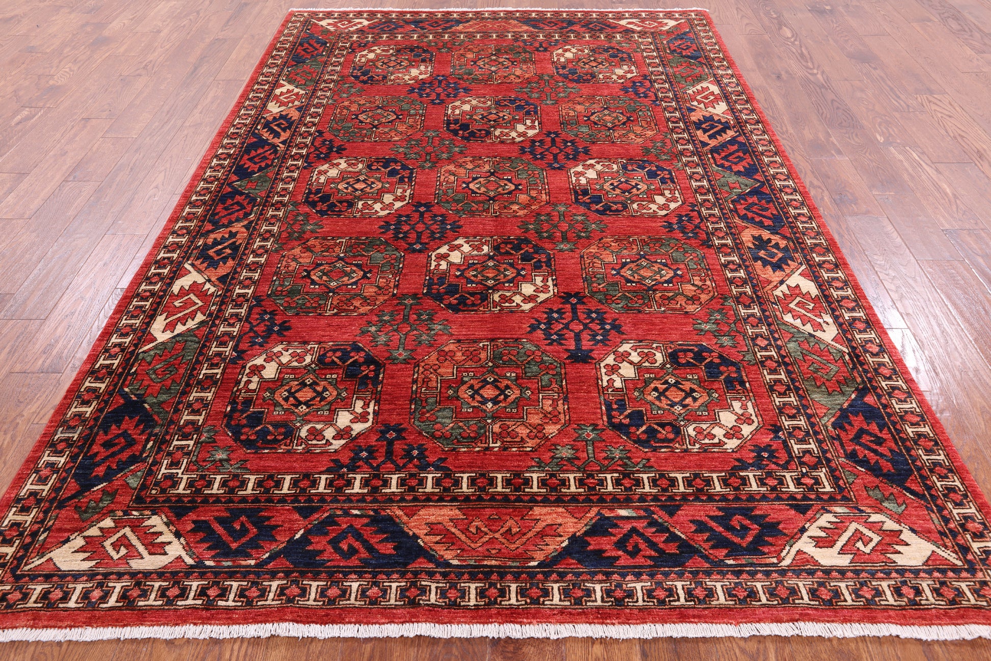 Red Turkmen Ersari Hand Knotted Wool Rug - 6' 4" X 9' 6" - Golden Nile