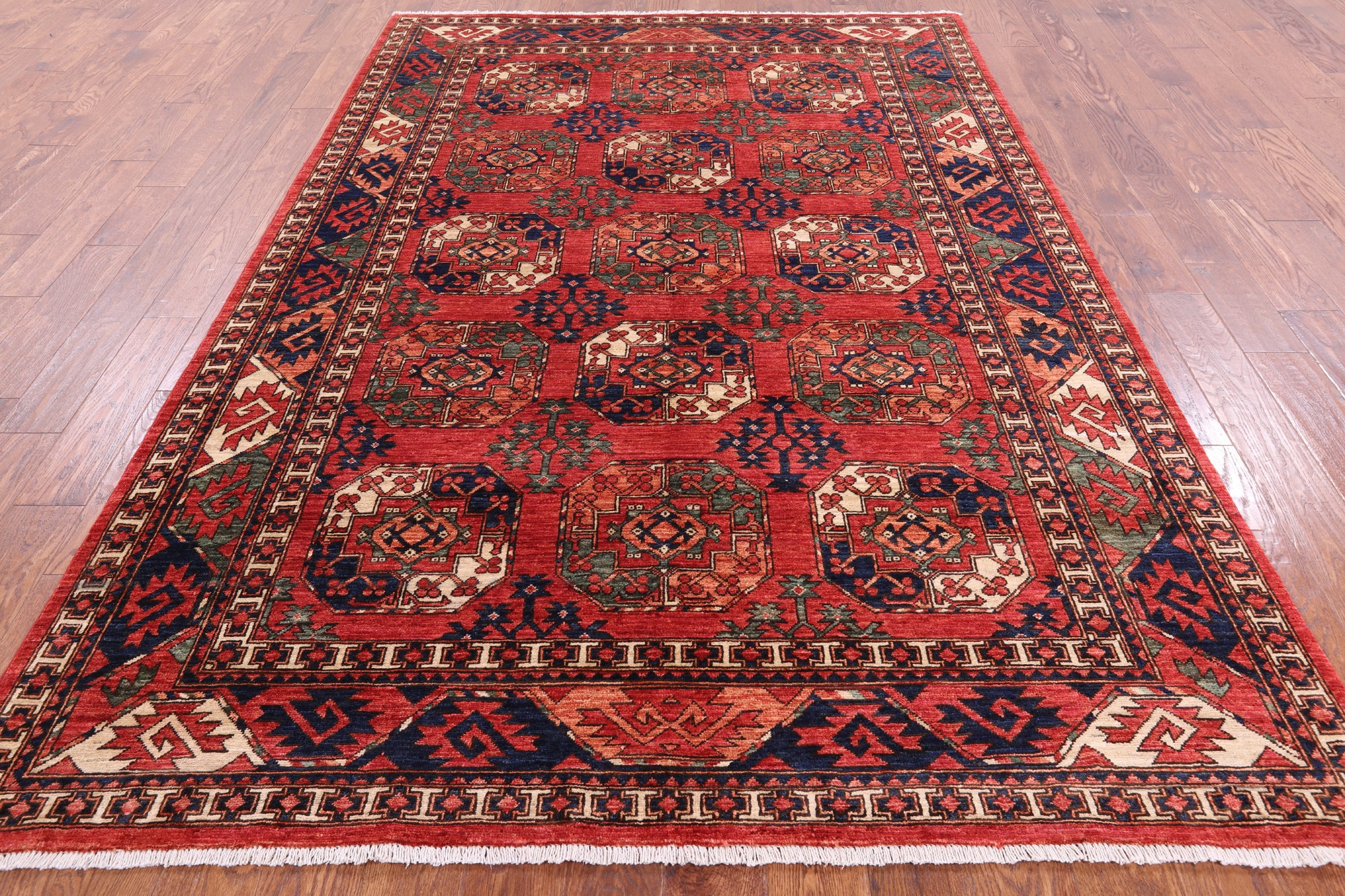 Red Turkmen Ersari Hand Knotted Wool Rug - 6' 4" X 9' 6" - Golden Nile
