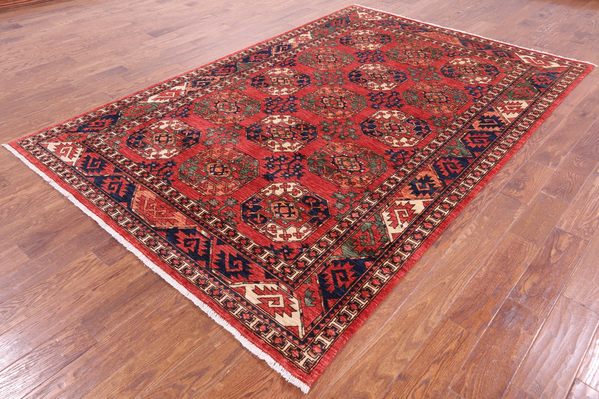 Red Turkmen Ersari Hand Knotted Wool Rug - 6' 4" X 9' 6" - Golden Nile