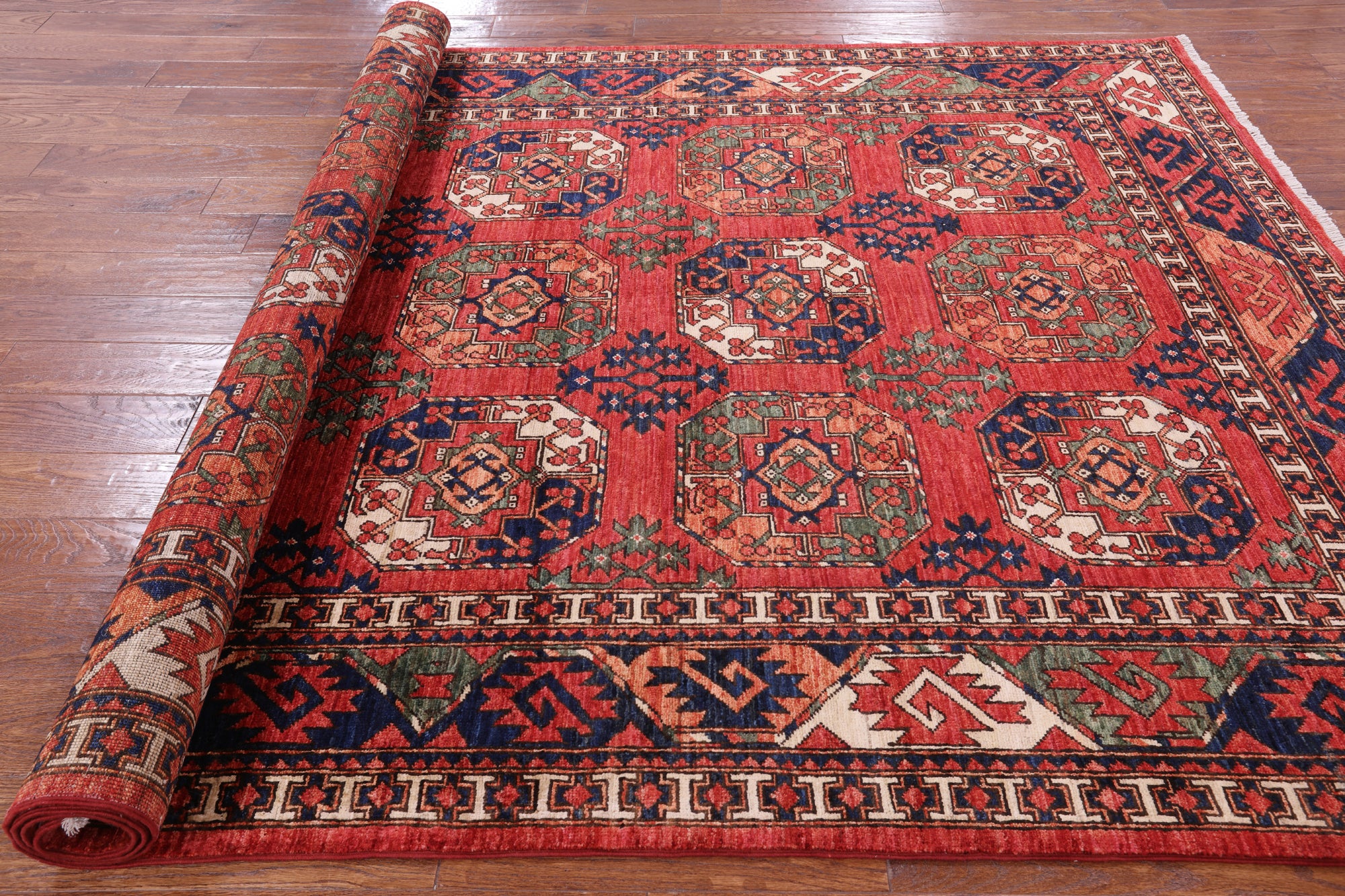 Red Turkmen Ersari Hand Knotted Wool Rug - 6' 4" X 9' 6" - Golden Nile