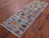 Fish Design Persian Ganbbeh Hand Knotted Wool Runner Rug - 2' 8" X 8' 1" - Golden Nile