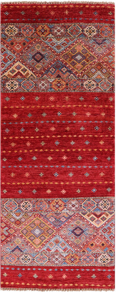 Red Khorjin Persian Gabbeh Hand Knotted Wool Runner Rug - 2' 6" X 6' 6" - Golden Nile