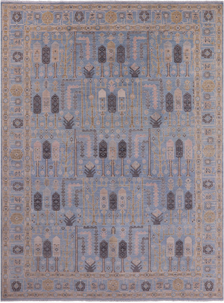 Blue Peshawar Hand Knotted Wool Rug - 9' 1" X 12' 3" - Golden Nile
