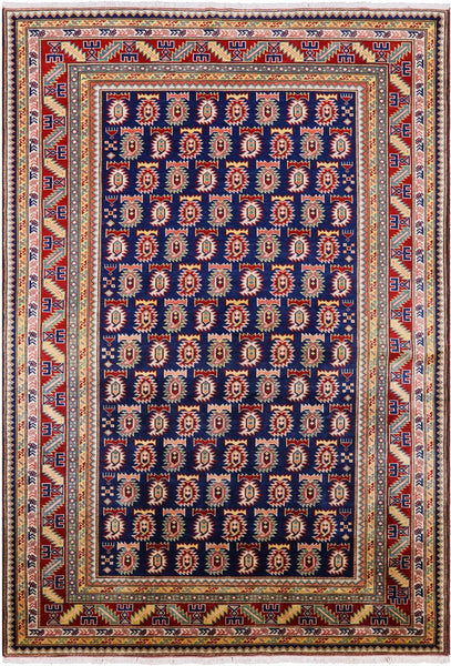 Blue Super Kazak Hand Knotted Wool Rug - 4' 10" X 6' 10" - Golden Nile