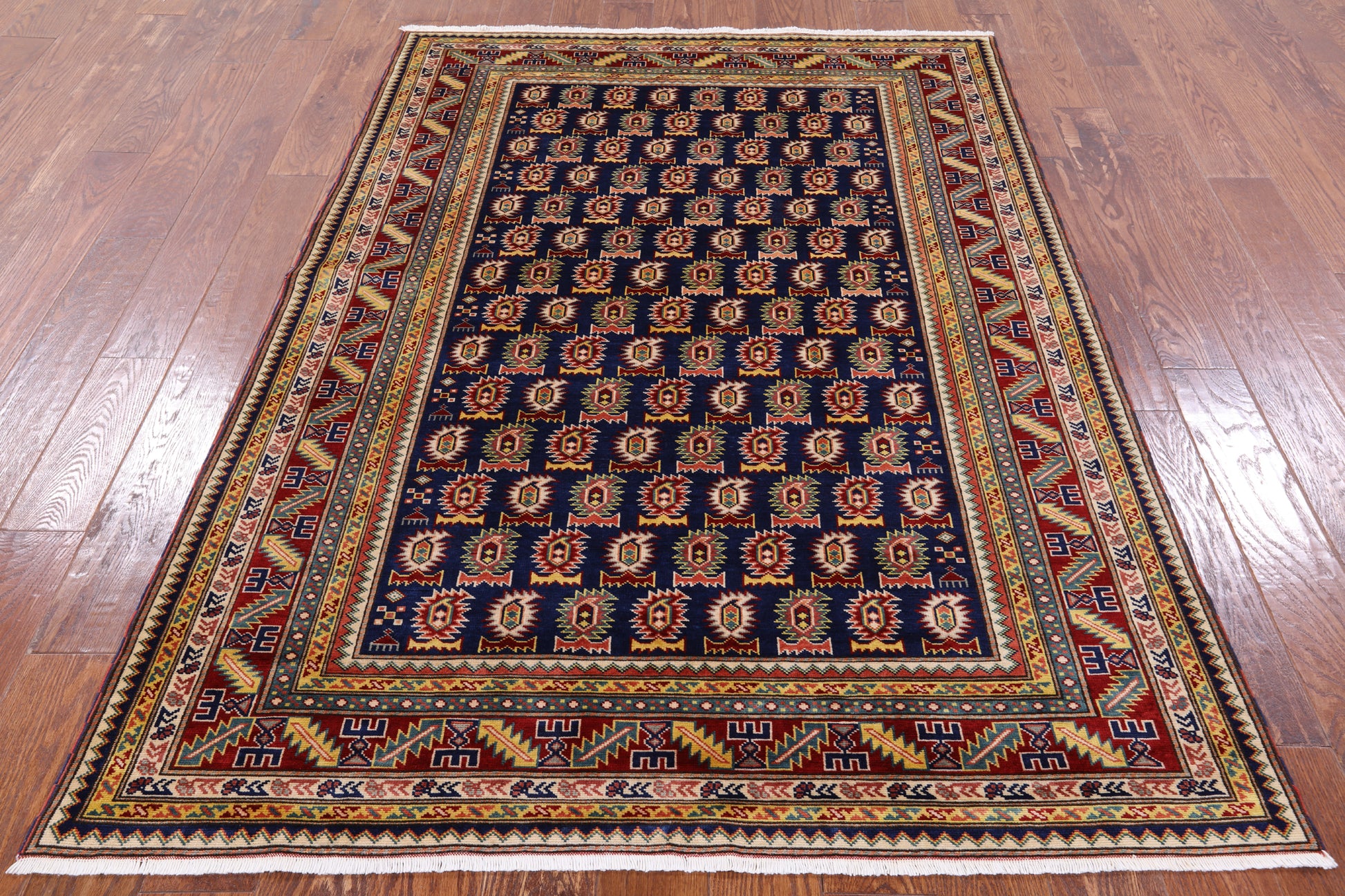 Blue Super Kazak Hand Knotted Wool Rug - 4' 10" X 6' 10" - Golden Nile