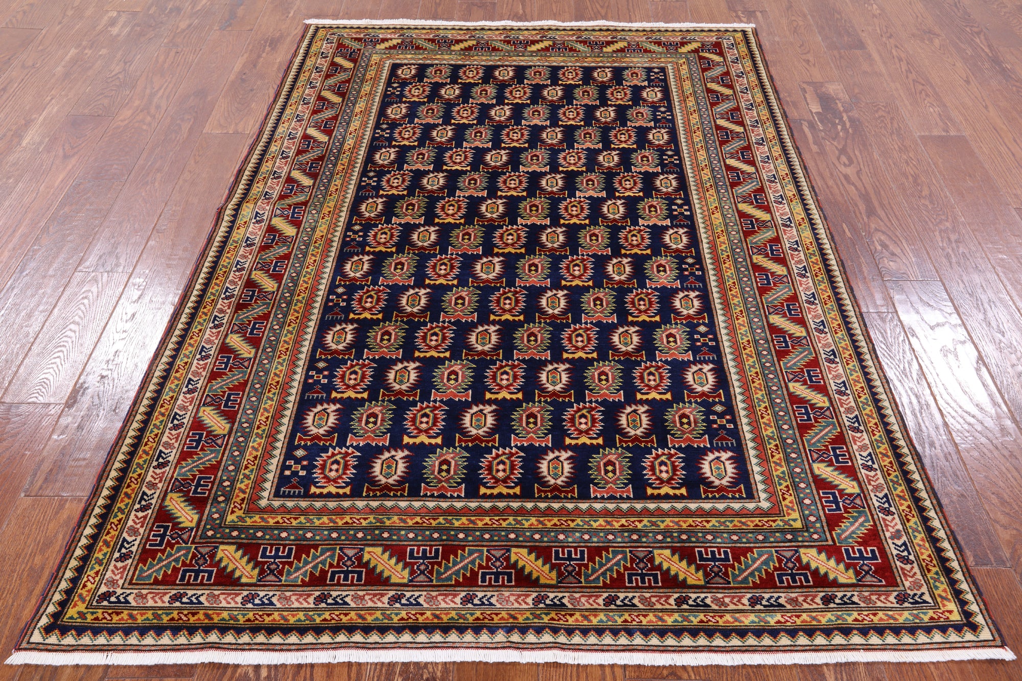Blue Super Kazak Hand Knotted Wool Rug - 4' 10" X 6' 10" - Golden Nile