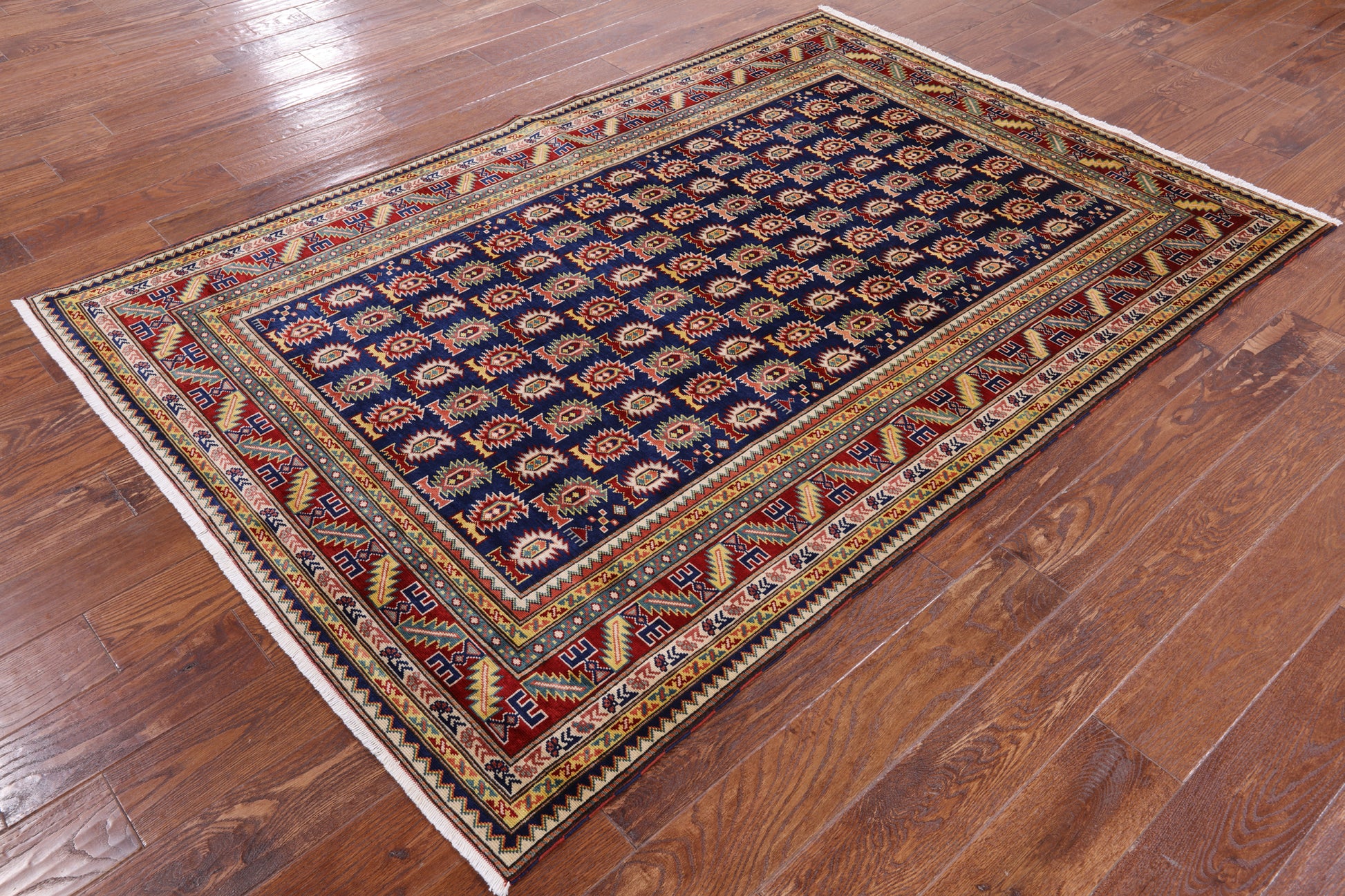 Blue Super Kazak Hand Knotted Wool Rug - 4' 10" X 6' 10" - Golden Nile
