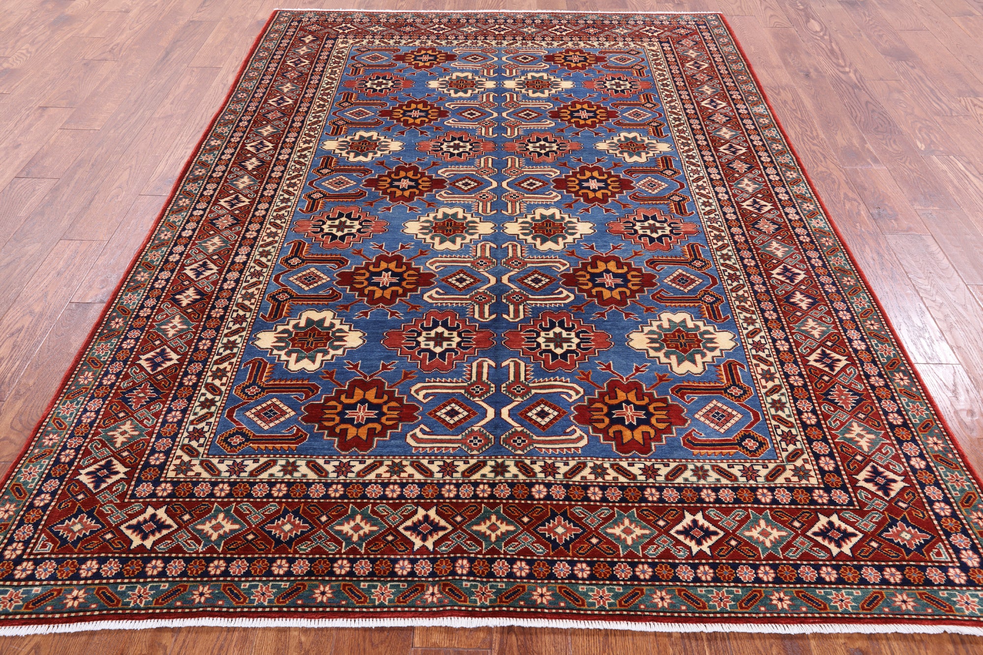 Blue Super Kazak Hand Knotted Wool Rug - 6' 2" X 8' 7" - Golden Nile