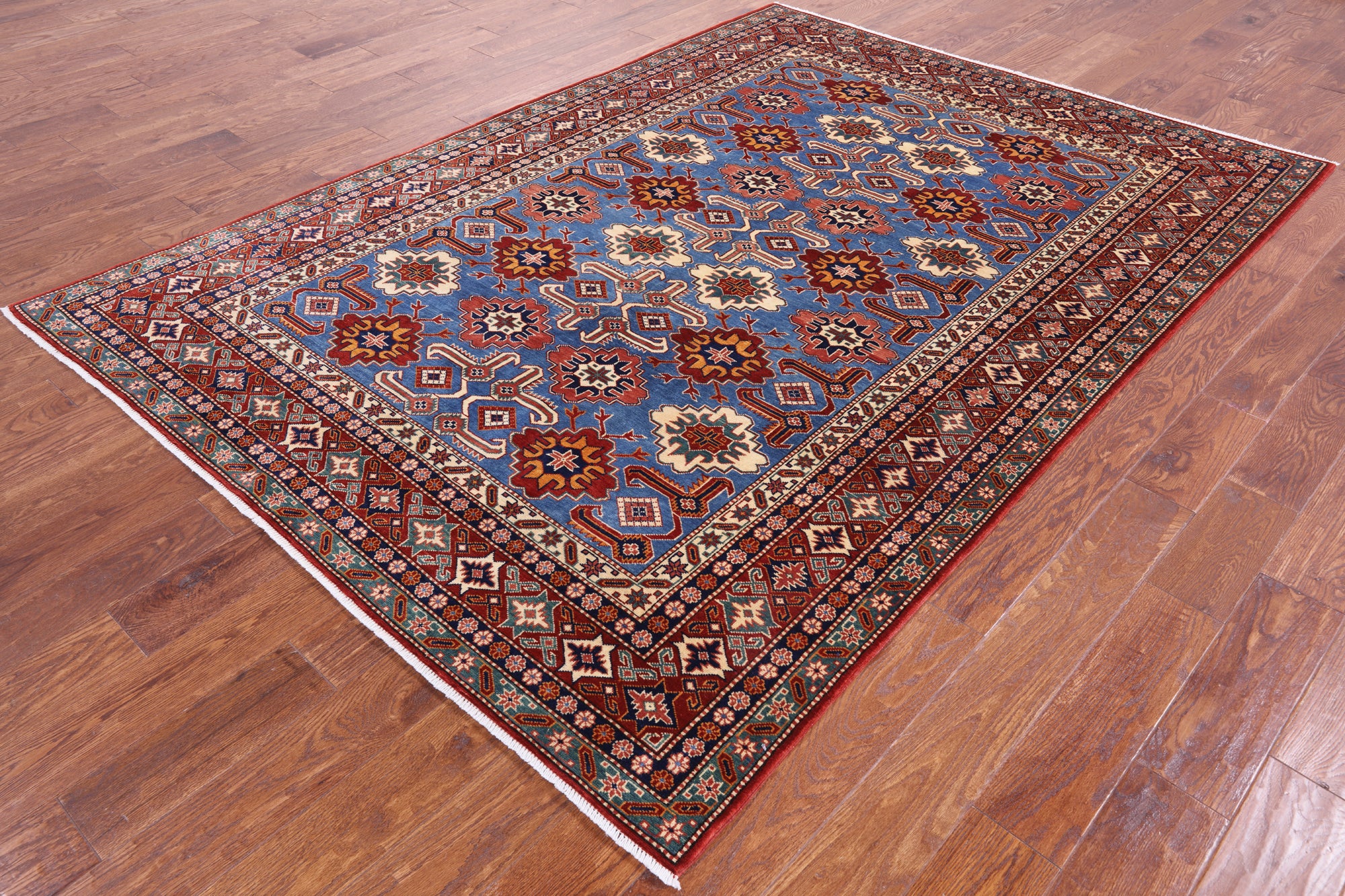 Blue Super Kazak Hand Knotted Wool Rug - 6' 2" X 8' 7" - Golden Nile