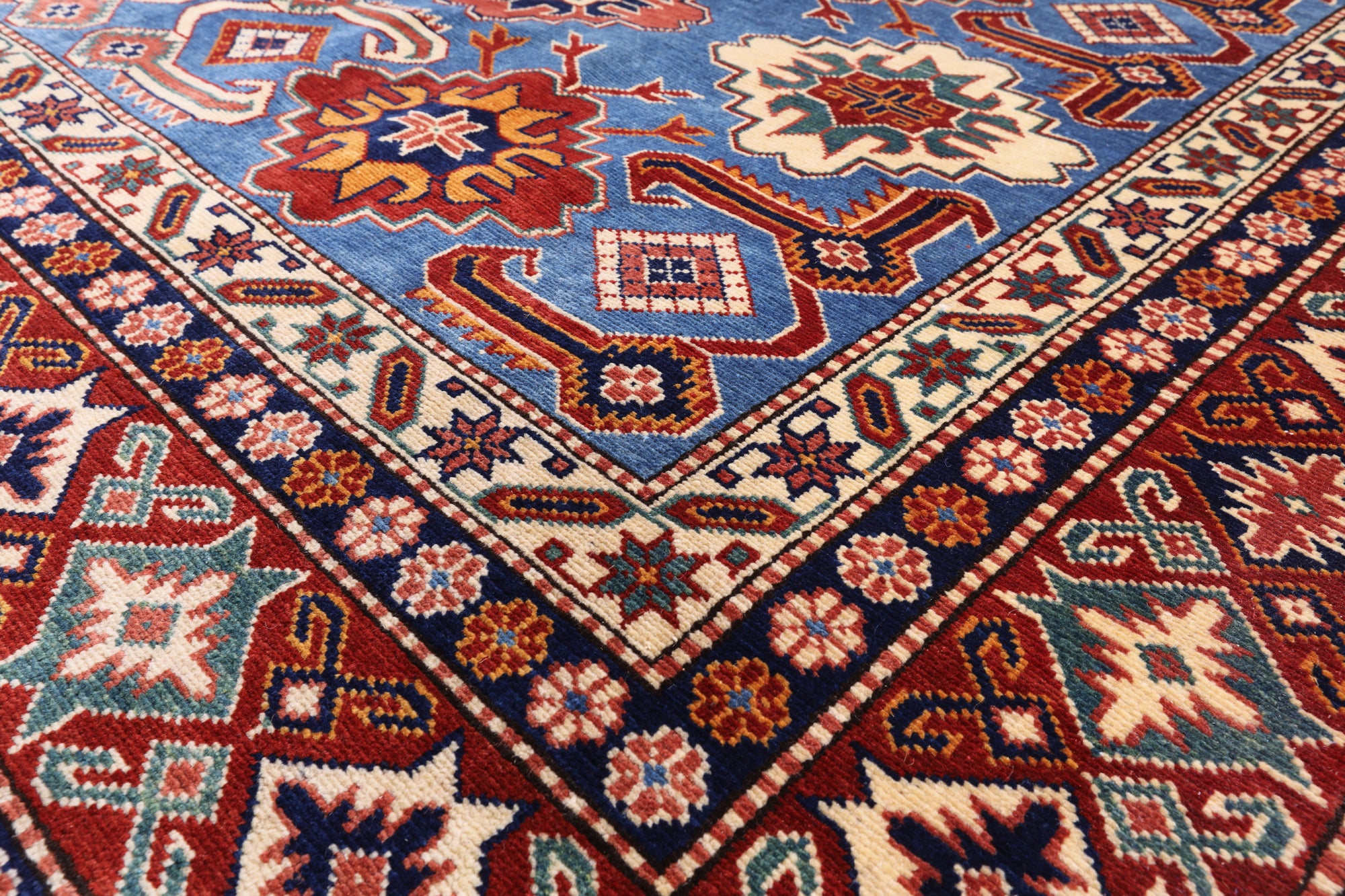 Blue Super Kazak Hand Knotted Wool Rug - 6' 2" X 8' 7" - Golden Nile