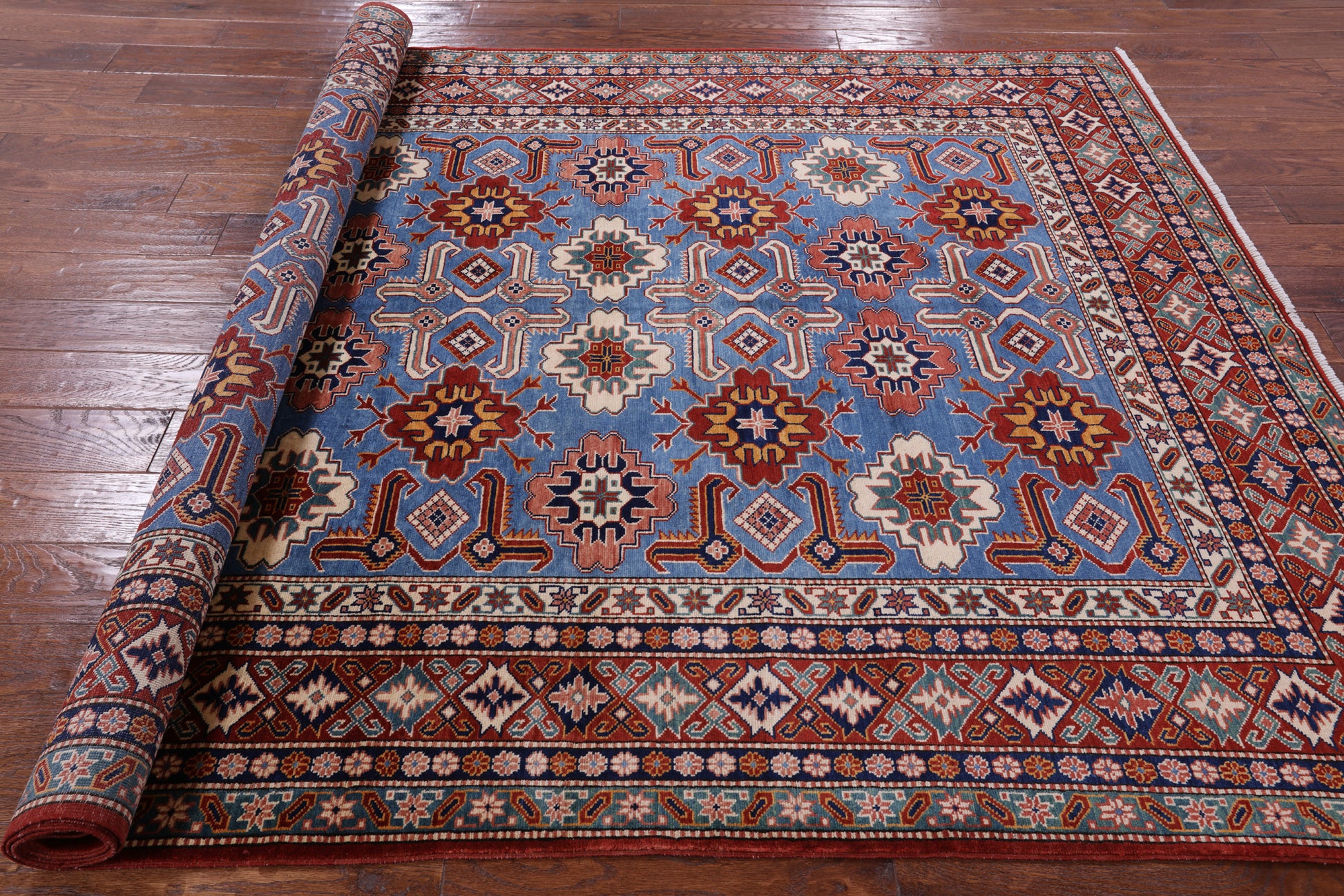 Blue Super Kazak Hand Knotted Wool Rug - 6' 2" X 8' 7" - Golden Nile