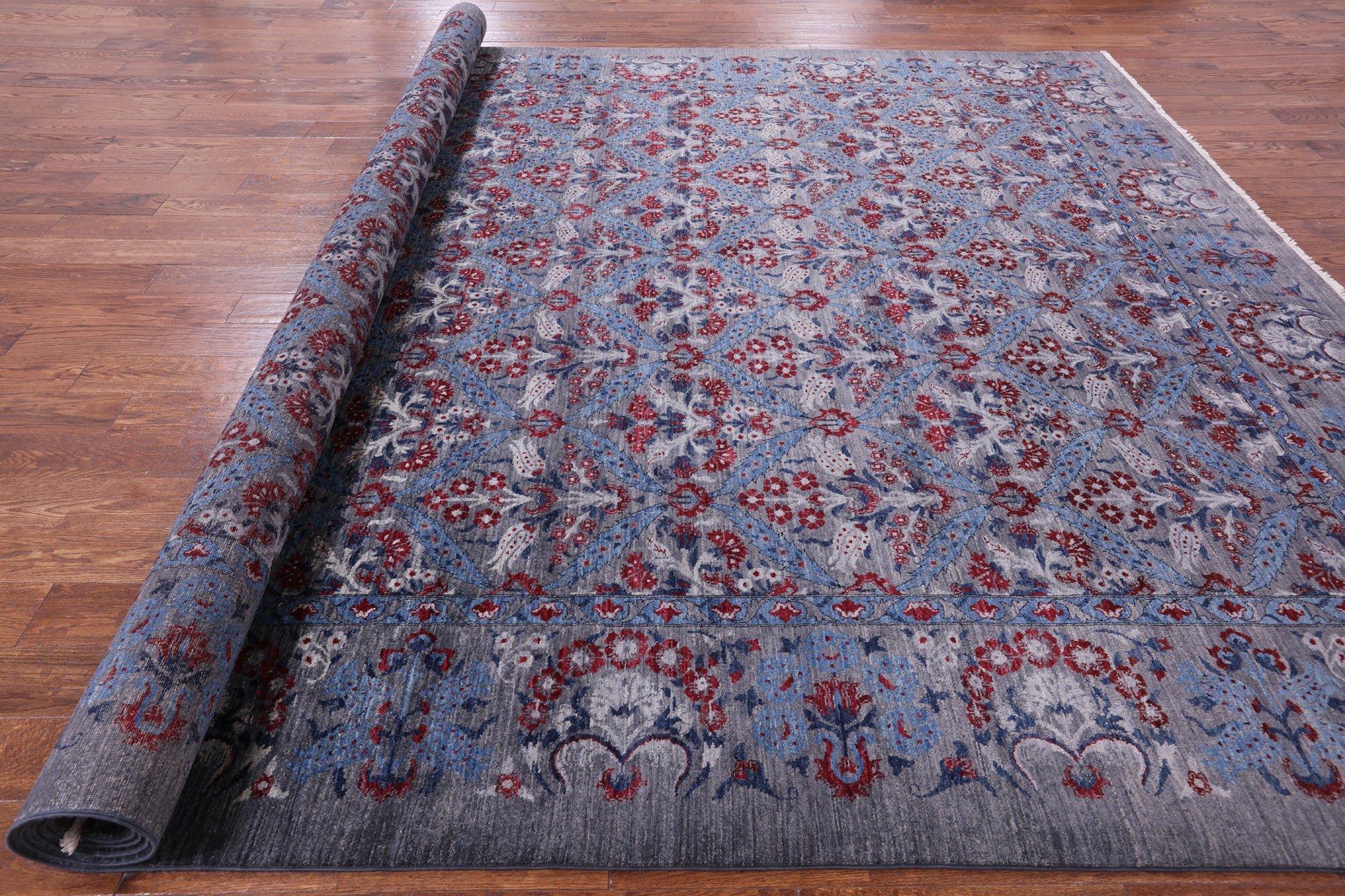 Grey William Morris Hand Knotted Wool Rug - 10' 3" X 13' 6" - Golden Nile
