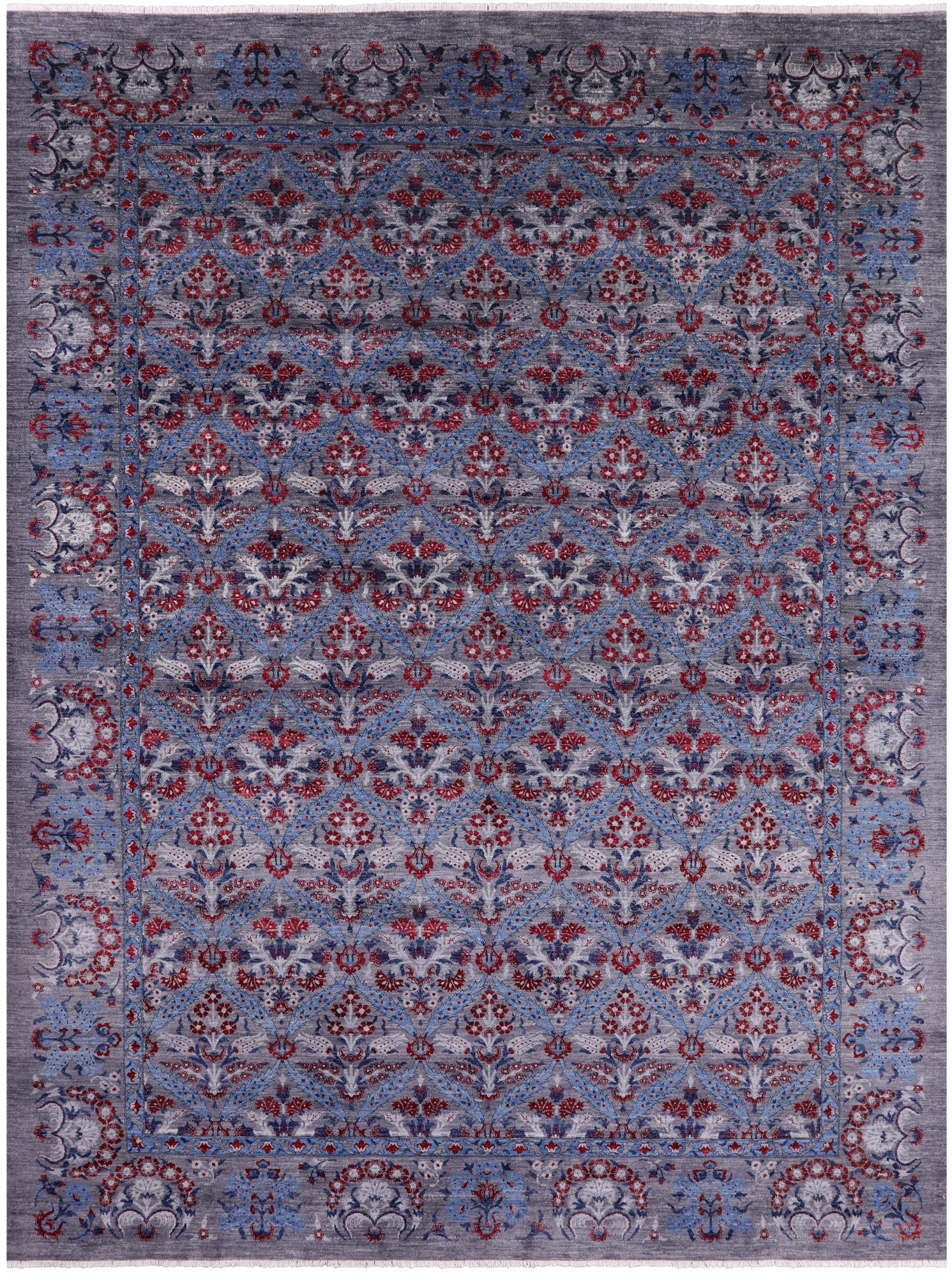 Grey William Morris Hand Knotted Wool Rug - 10' 3" X 13' 6" - Golden Nile