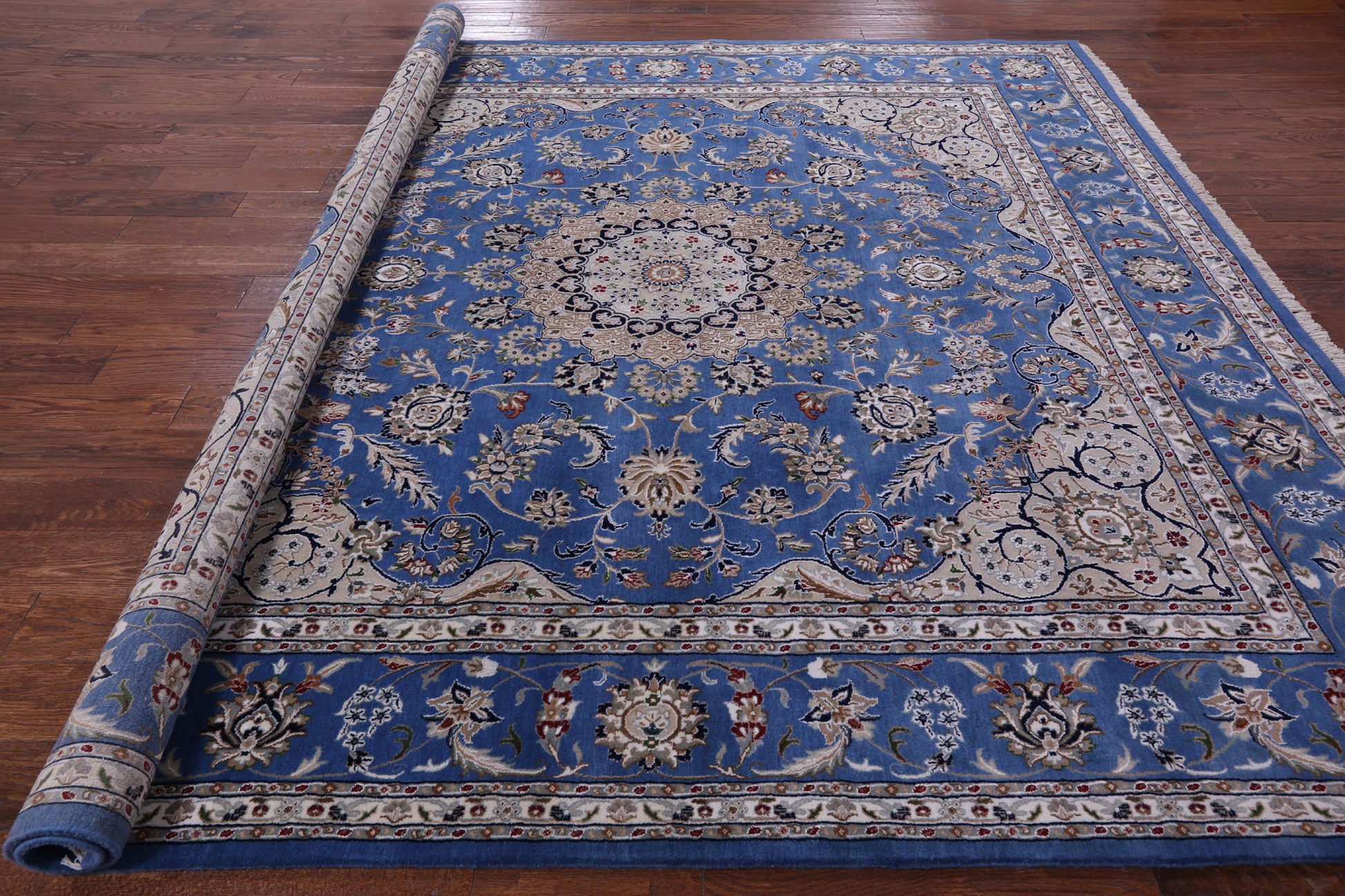 Blue Square Persian Nain Hand Knotted Wool & Silk Rug - 8' 10" X 8' 11" - Golden Nile