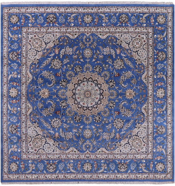 Blue Square Persian Nain Hand Knotted Wool & Silk Rug - 8' 10" X 8' 11" - Golden Nile