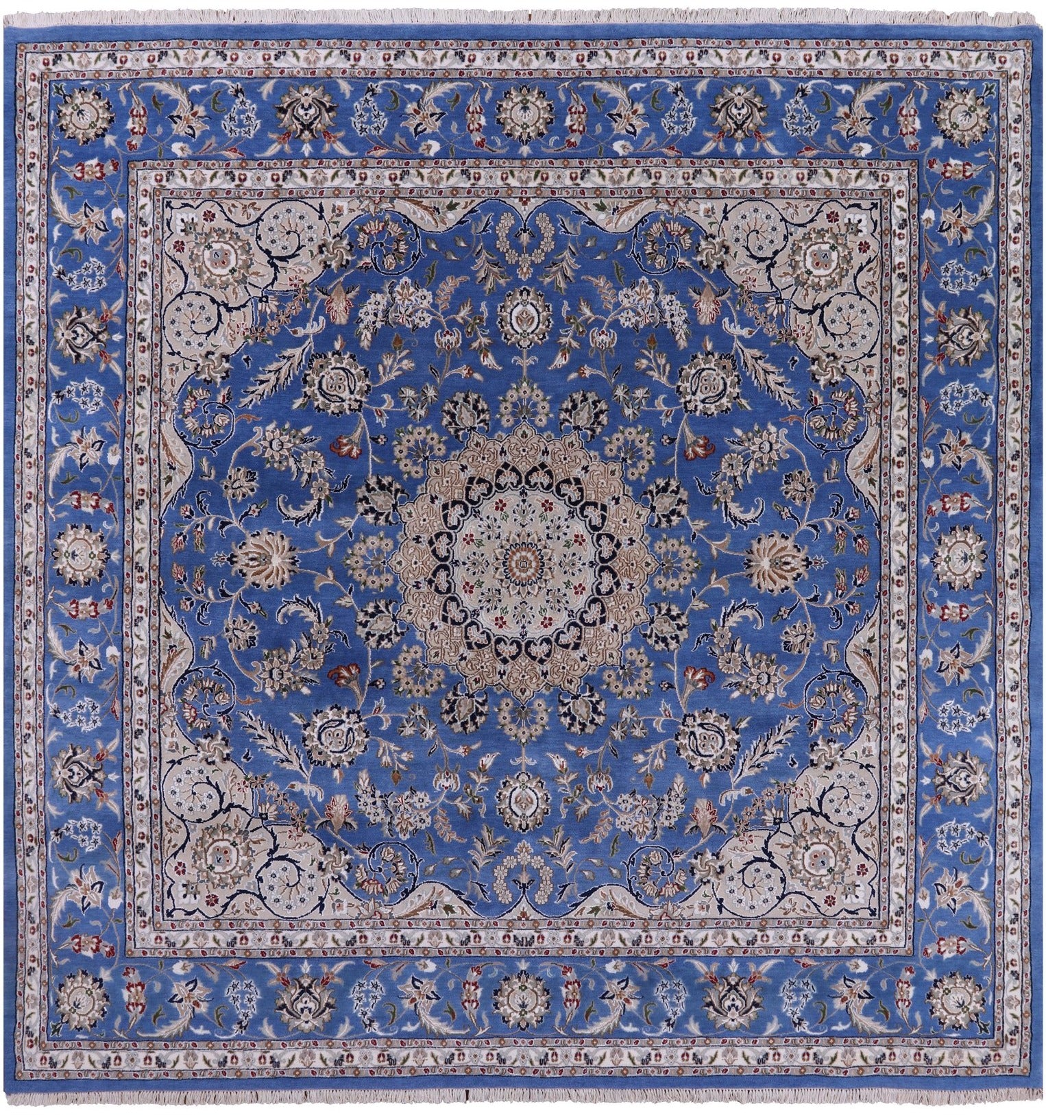 Blue Square Persian Nain Hand Knotted Wool & Silk Rug - 8' 10" X 8' 11" - Golden Nile