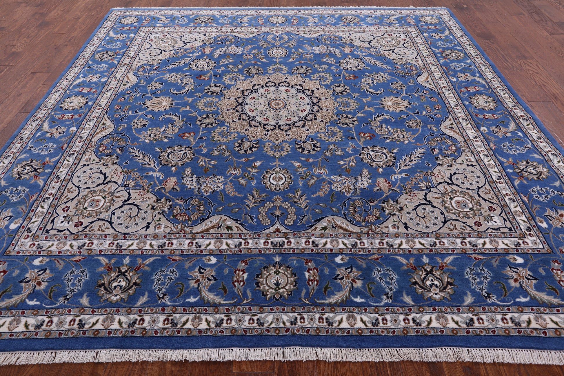 Blue Square Persian Nain Hand Knotted Wool & Silk Rug - 8' 10" X 8' 11" - Golden Nile